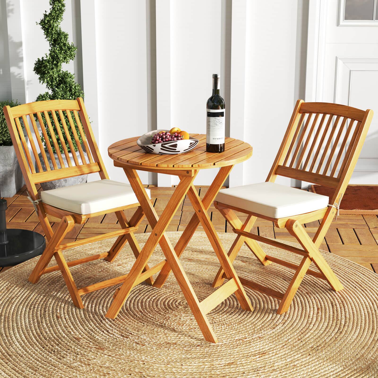 Alt View 1. Costway - 3 PCS Acacia Wood Patio Bistro Set Folding Table & Chairs Set with Cushions - Natural,Beige.