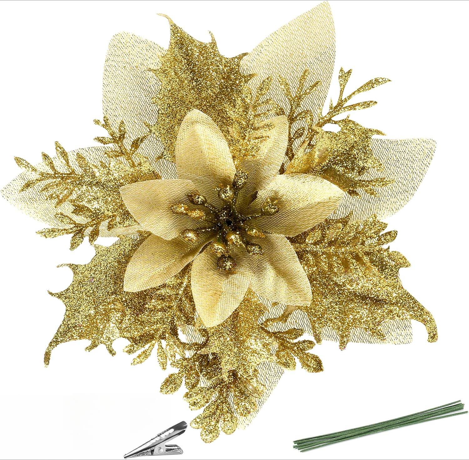 Front. Auledio - 12pcs Christmas decorations, artificial Christmas flowers with clips, Christmas tree decorations, gold - gold.