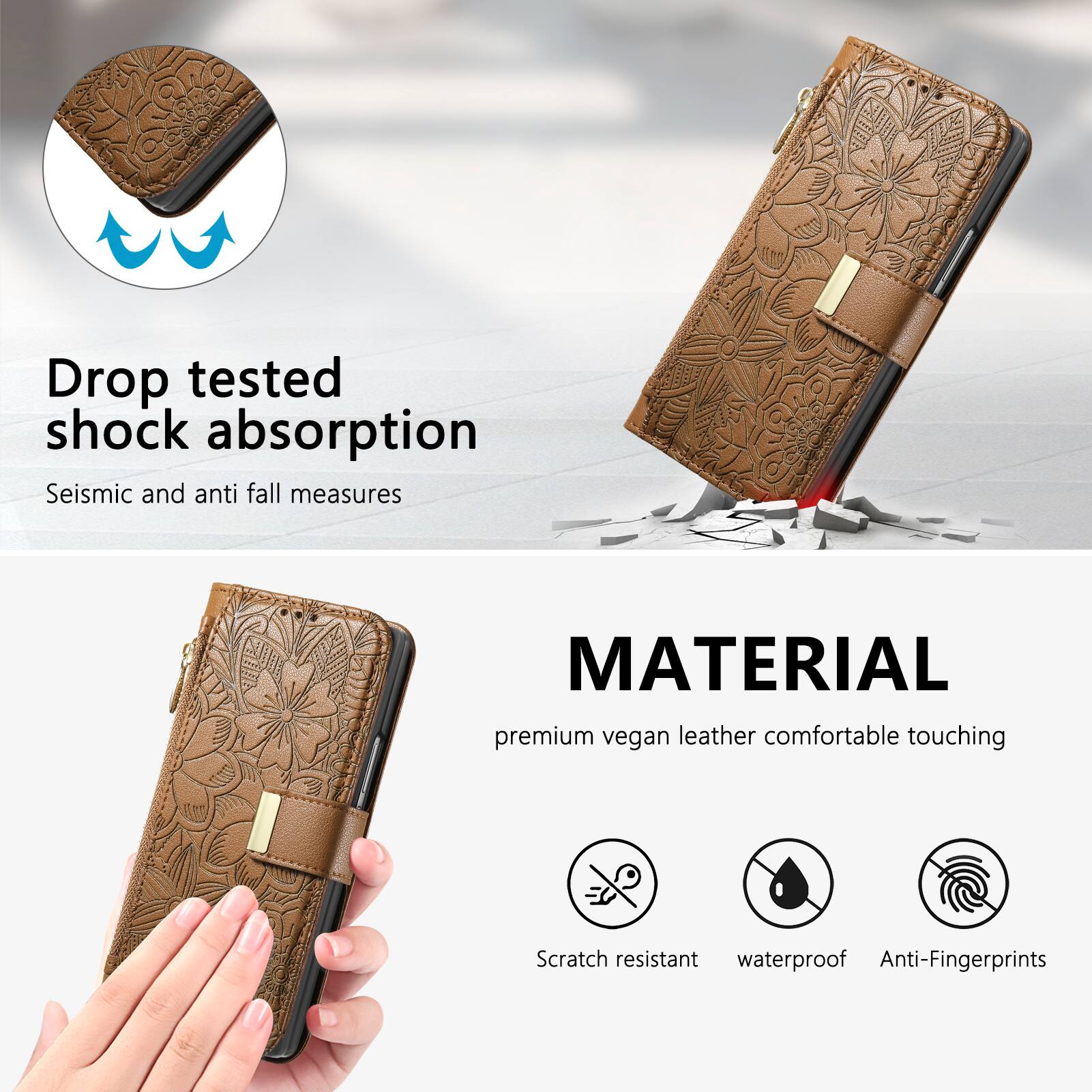 Drop tested shock absorption  
Seismic and anti fall measures  

MATERIAL  
premium vegan leather comfortable touching  
Scratch resistant  
waterproof  
Anti-Fingerprints