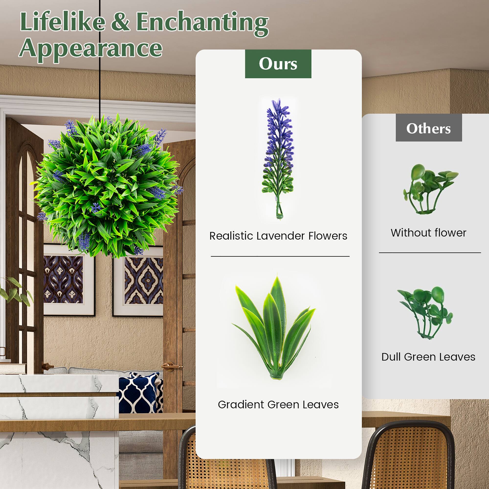 Lifelike & Enchanting Appearance

Ours
- Realistic Lavender Flowers
- Gradient Green Leaves

Others
- Without flower
- Dull Green Leaves
