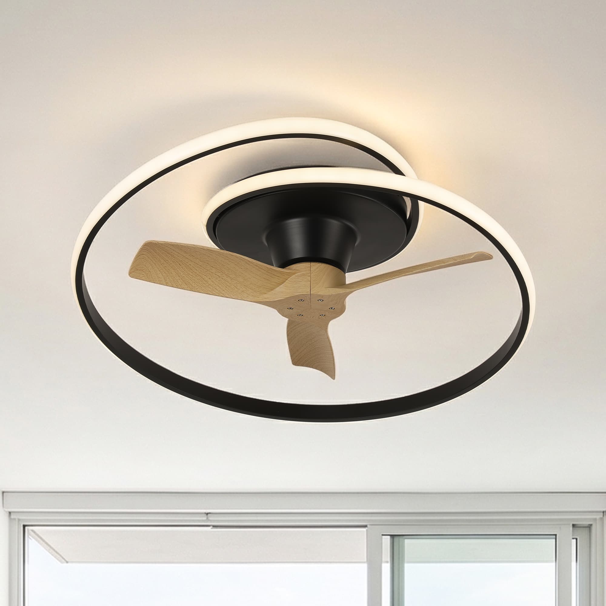 Vaczon - 30" Modern LED Flush Mount Ceiling Fan with Light and Remote Control, Low-Profile Caged Ceiling Fan for Bedroom - Black