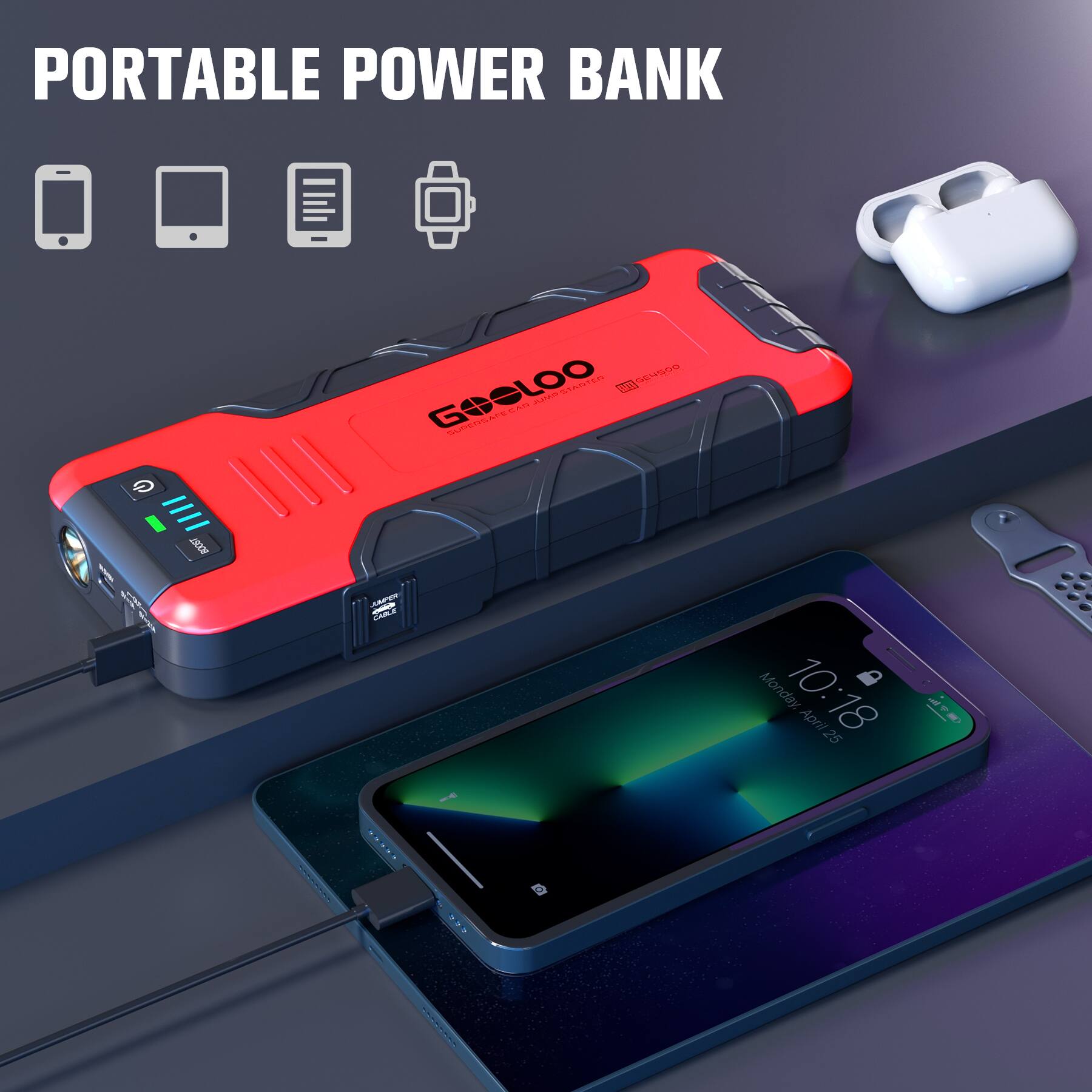 PORTABLE POWER BANK

STARTER TEO NEED GENSOD GOOLOO SUPERSAFE CAD JUMA

BOOST

JUMPER CABLE COLORIES

955

C

Monday, 10:18 April 25