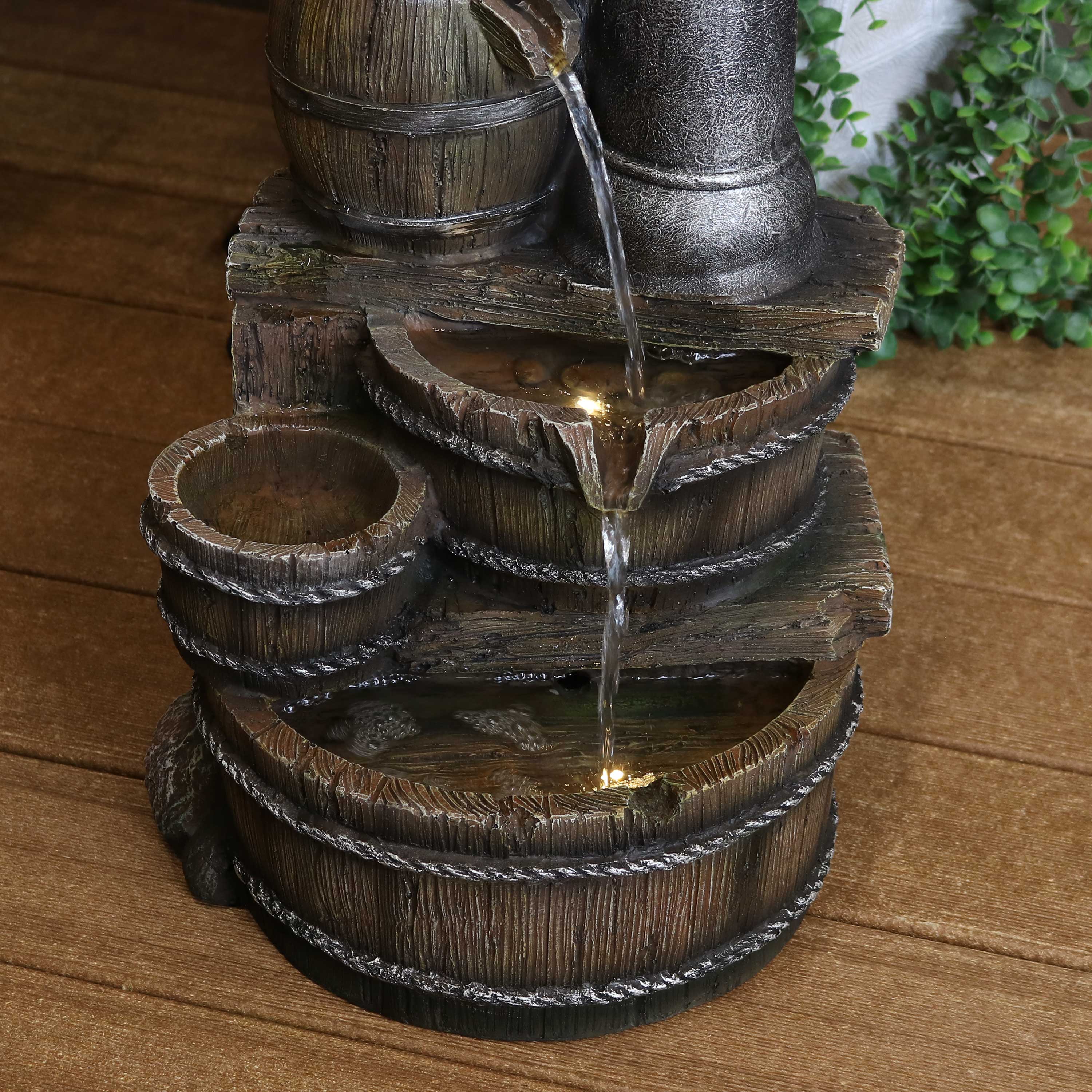Alt View 7. Sunnydaze - Cozy Farmhouse Pump/Barrel Water Fountain with LED Lights - 23 in - Brown.