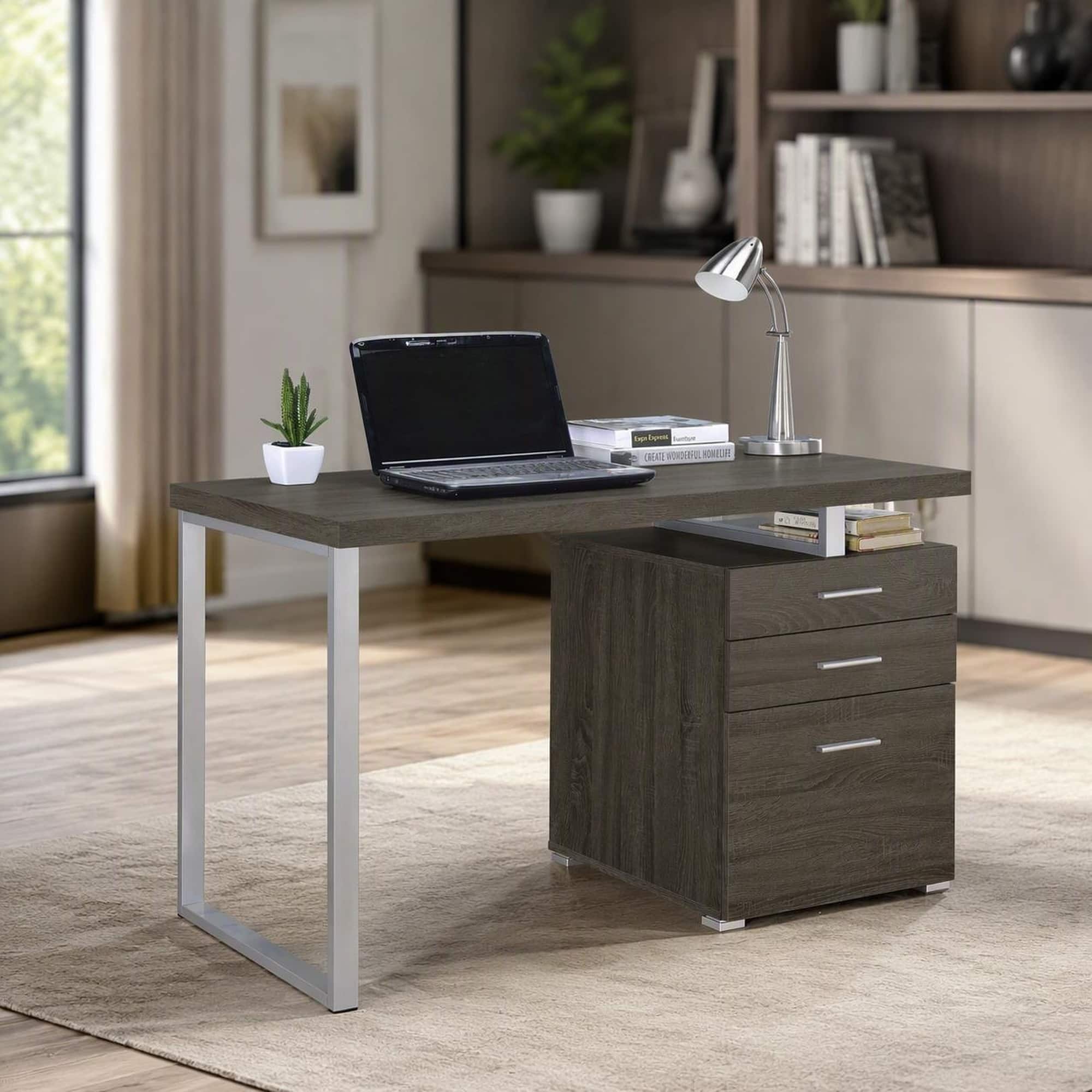 RYHNUYNE - Reversible 3-Drawer Office Desk, Weathered Grey Finish, Metal Legs, 47.25 in Wide Workstation for Home Office and Study - Gray