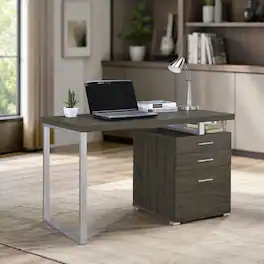 RYHNUYNE - Reversible 3-Drawer Office Desk, Weathered Grey Finish, Metal Legs, 47.25 in Wide Workstation for Home Office and Study - Gray