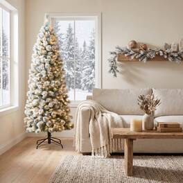 Glitzhome - 7.5ft Pre-Lit Flocked Pencil Pine Artificial Christmas Tree with 350 Lights - White