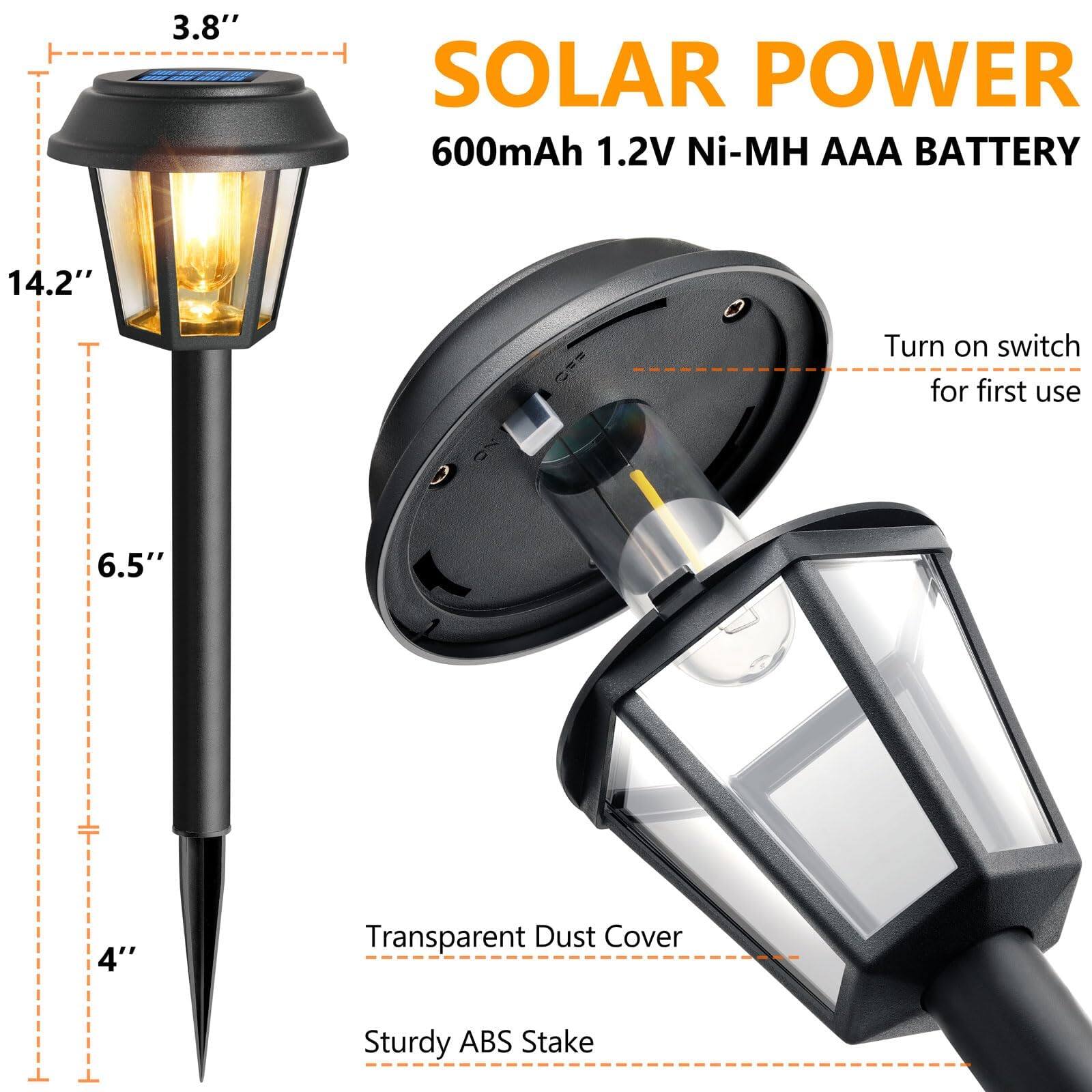 SOLAR POWER  
600mAh 1.2V Ni-MH AAA BATTERY  

3.8"  
14.2"  
6.5" + 4"  

Turn on switch for first use  

Transparent Dust Cover  
Sturdy ABS Stake