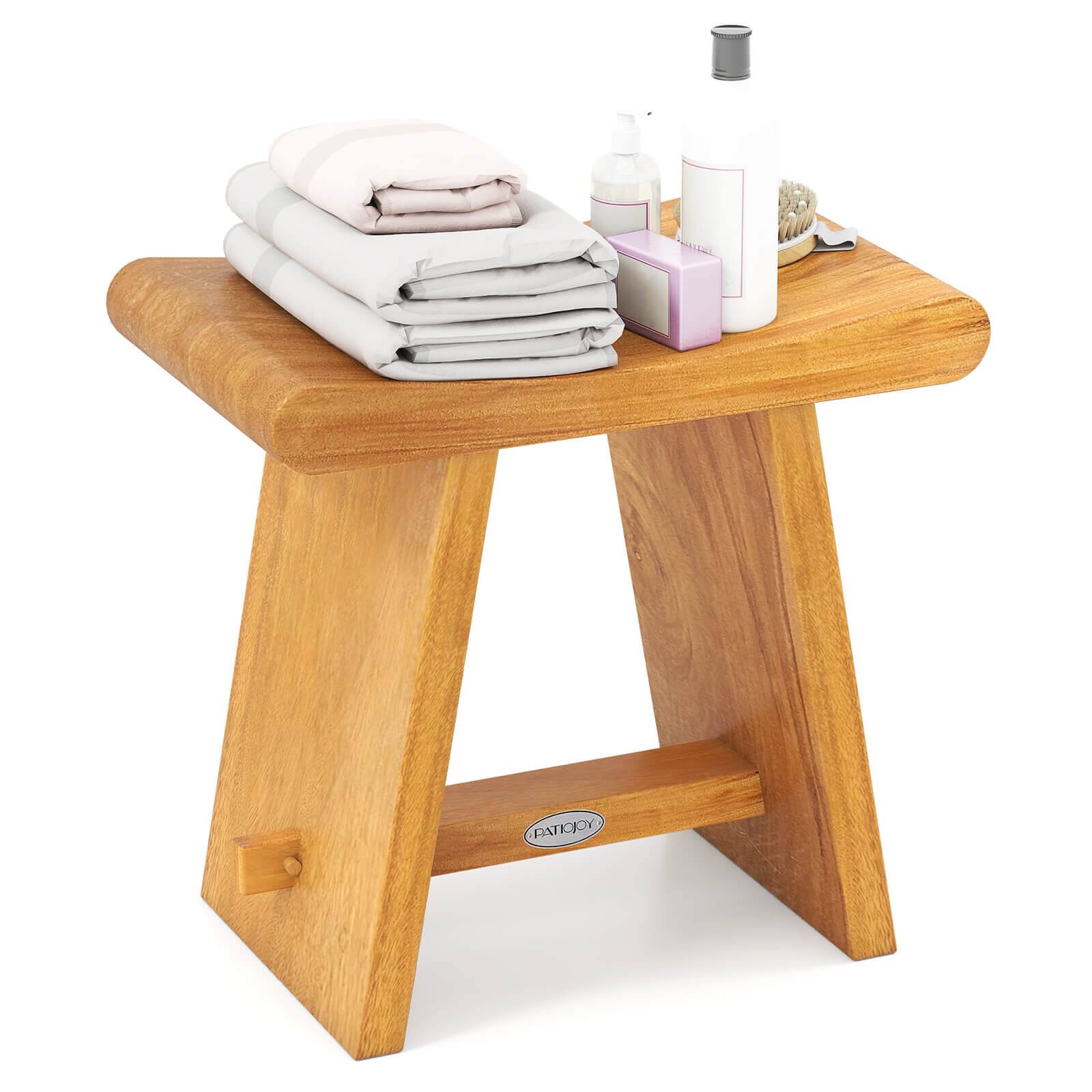 Front. Costway - Costway 19.5" Teak Shower Bench Waterproof Spa Bath Stool with Curved Seat for Bathroom - Natural.