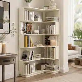 RYHNUYNE - 64.56 in H Freestanding Corner Bookshelf 90 cm Extended L-Shaped Wooden Bookcase with Anti-Drop Panel - White