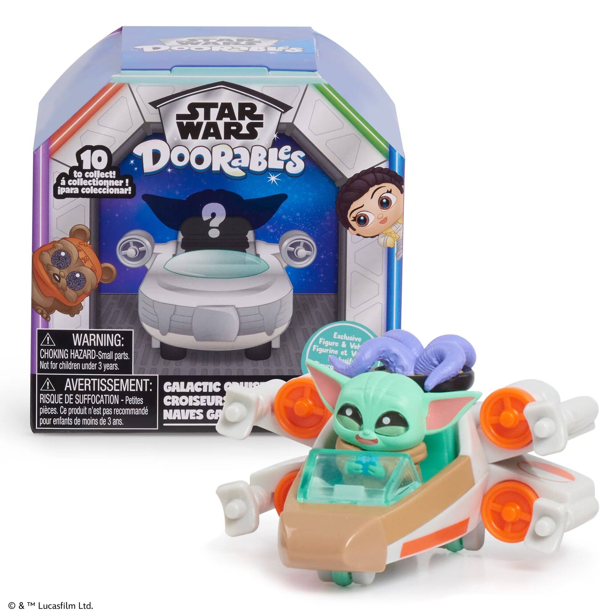 STAR WARS DOORABLES  
10 to collect!  
DOORABLES collectionner ! ¡para coleccionar!  

WARNING: CHOKING HAZARD-Small parts. Not for children under 3 years.  
AVERTISSEMENT: RISQUE DE SUFFOCATION - Petites pièces. Ce produit n'est pas recommandé pour enfants de moins de 3 ans.  

Figure Exclusive & Vehicule  
Figurine et Véhicule  

© & ™ Lucasfilm Ltd.