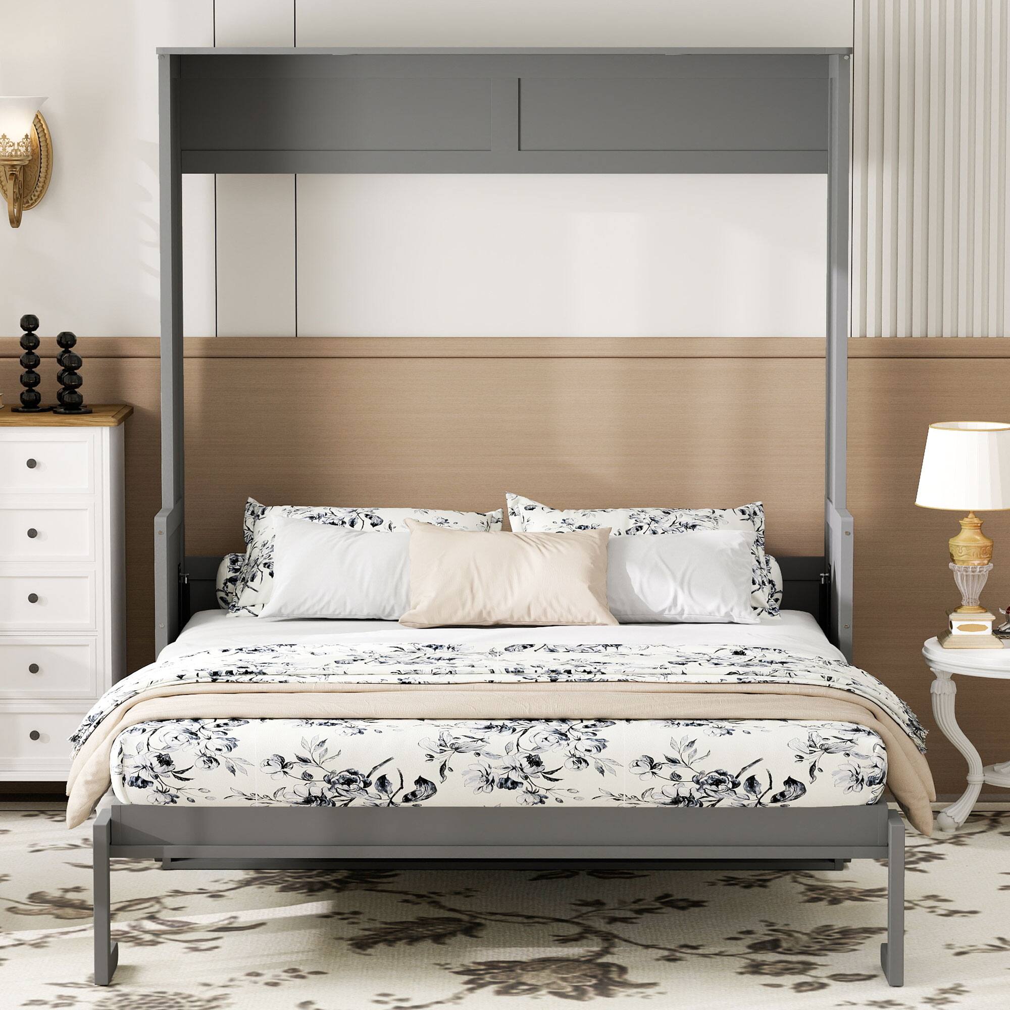 Angle. Whisen - Queen Size Murphy Bed with Desk, Foldable Bed with LED Lights, USB Charging Station for Bedroom - Gray.