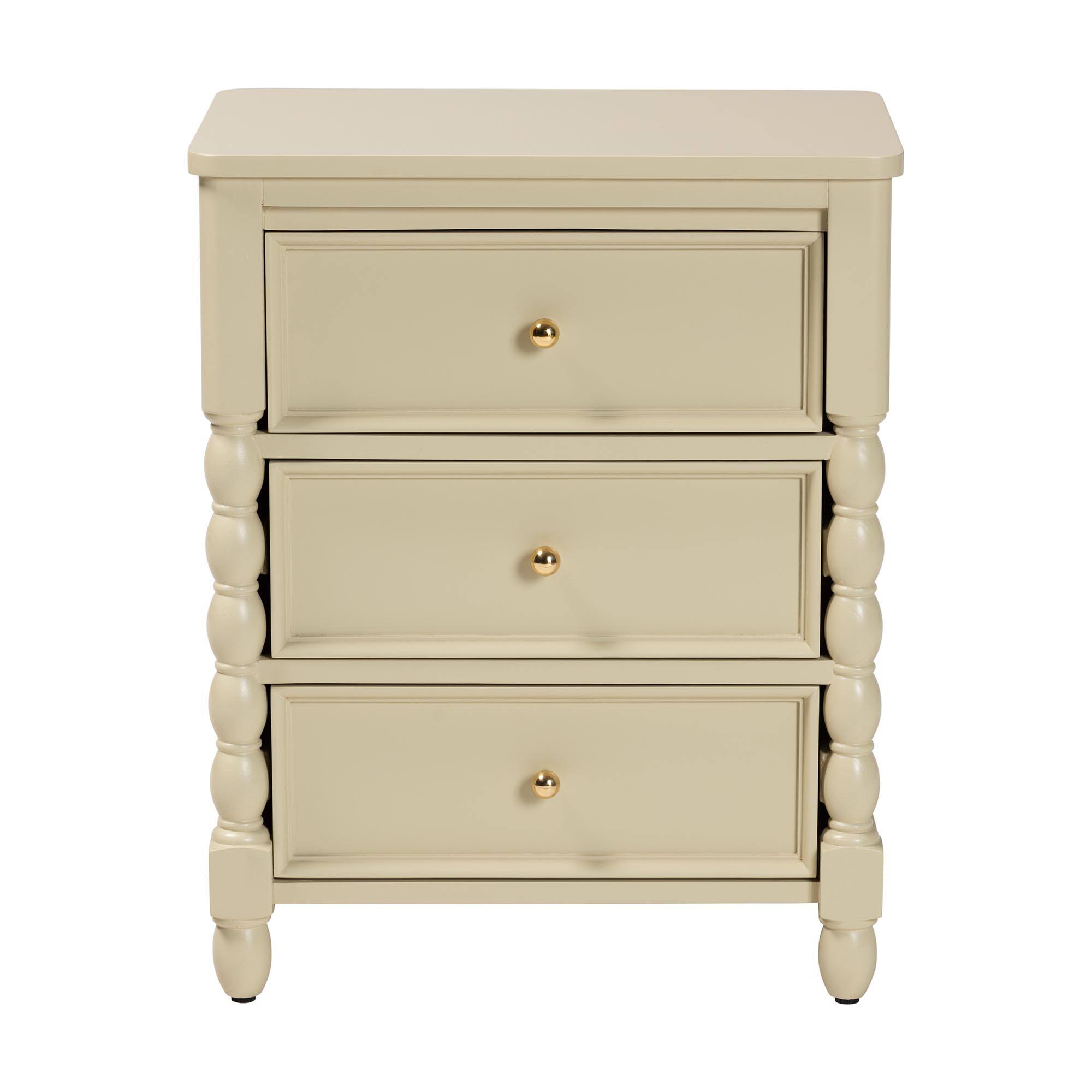 Left. bali & pari - Kyla Nightstand with Spindle Legs - 3-Drawer Bedside Table with Turned Detailing and Inset Paneling - Beige.
