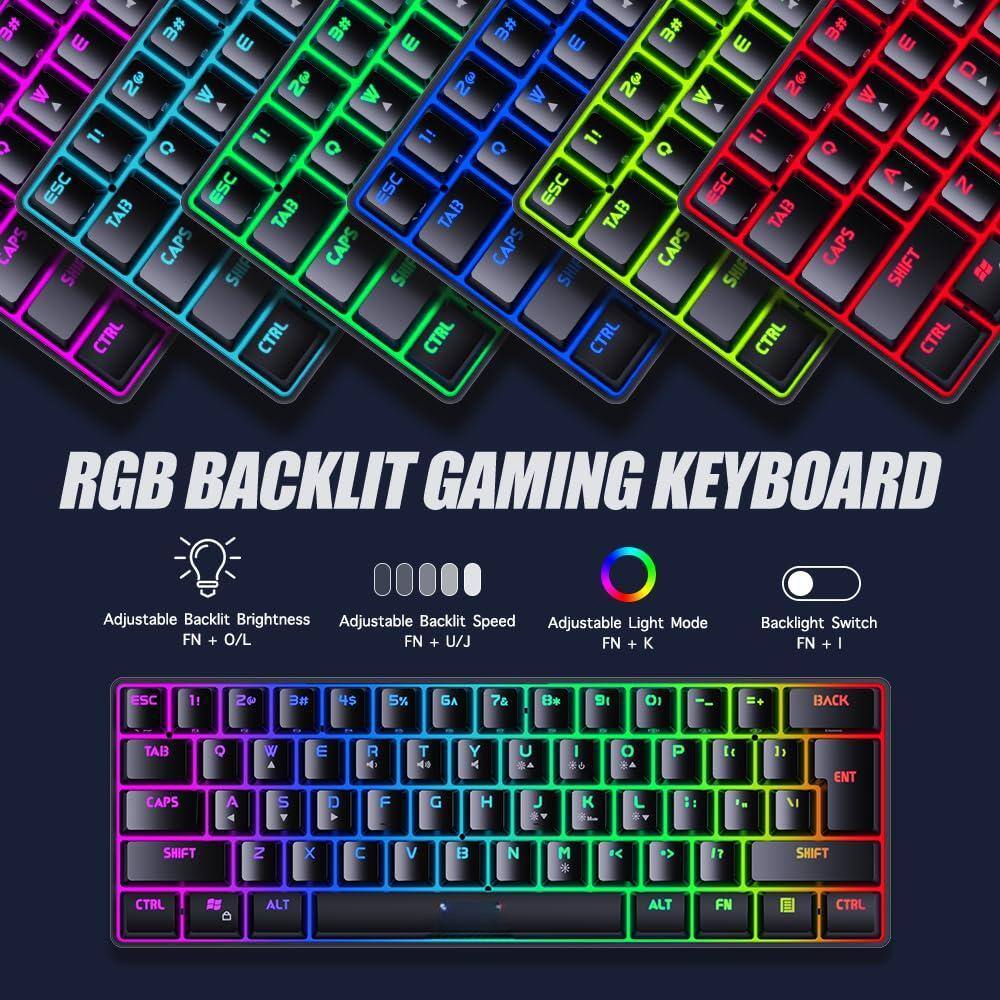 Sure, here is the corrected and grouped text from the image:

---

**RGB BACKLIT GAMING KEYBOARD**

- Adjustable Backlit Brightness: FN + O/L
- Adjustable Backlit Speed: FN + U/J
- Adjustable Light Mode: FN + K
- Backlight Switch: FN + I

---

**Key Layout:**

- ESC
- TAB
- CAPS
- SHIFT
- CTRL
- ALT
- FN
- CTRL

- 1!
- 2@
- 3#
- 4$
- 5%
- 6^
- 7&
- 8*
- 9(
- 0)
- -

- Q
- W
- E
- R
- T
- Y
- U
- I
- O
- P
- [

- A
- S
- D
- F
- G
- H
- J
- K
- L
- ;

- Z
- X
- C
- V
- B
- N
- M
- ,
- .

- SHIFT
- BACK
- ENTER

---

**Additional Features:**

- Adjustable Backlit Brightness
- Adjustable Backlit Speed
- Adjustable Light