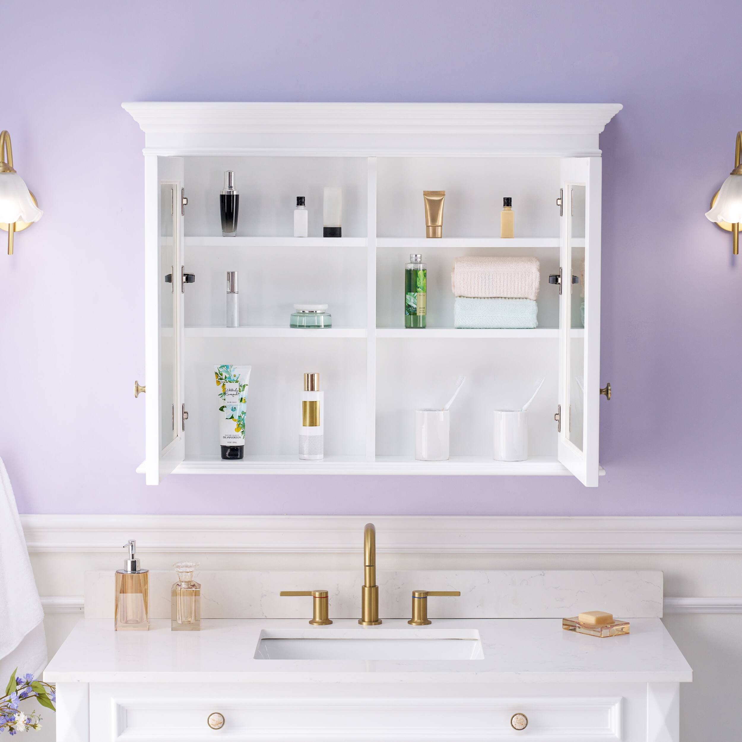 Left. WELLFOR - 40 in. W x 30 in. H Rectangular Handmade Wood Surface Mount Medicine Cabinet with Mirror, 2 Soft Close Doors - White.