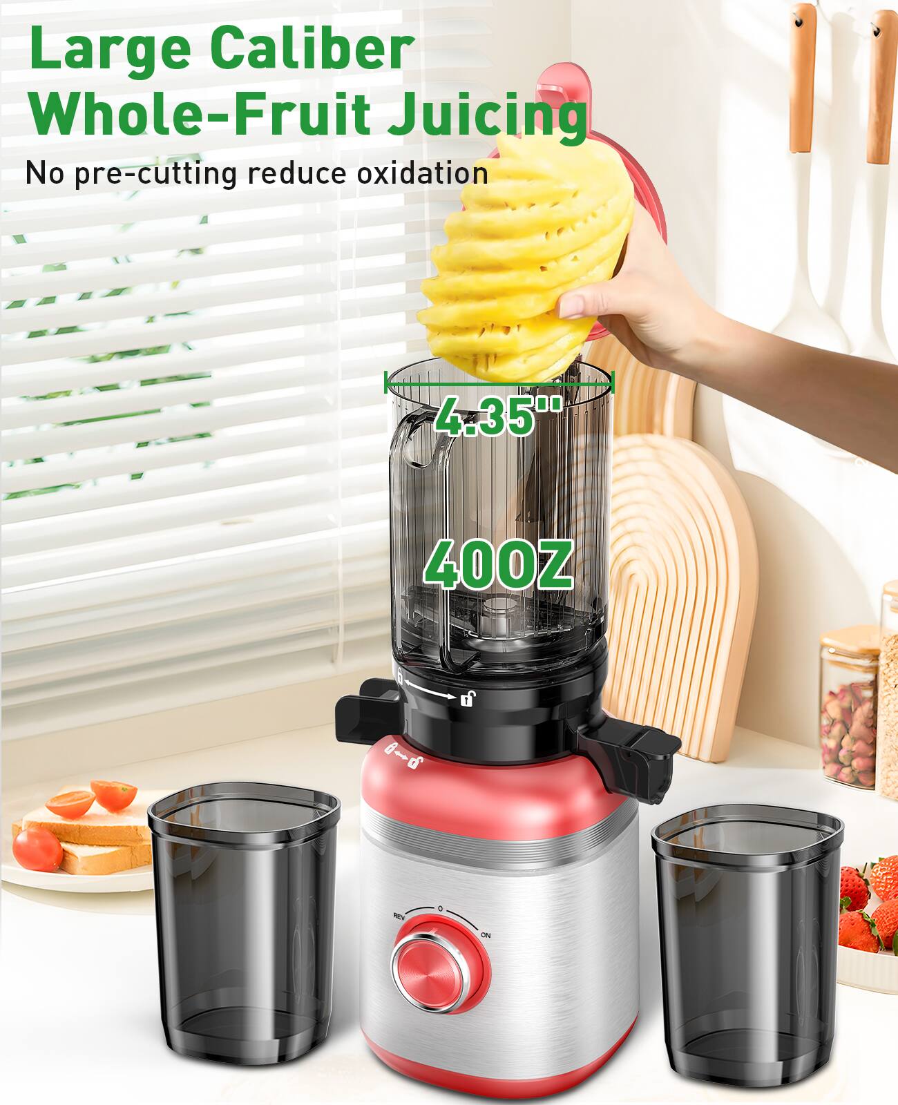 Large Caliber Whole-Fruit Juicing, No pre-cutting reduce oxidation, 4.35", 400Z