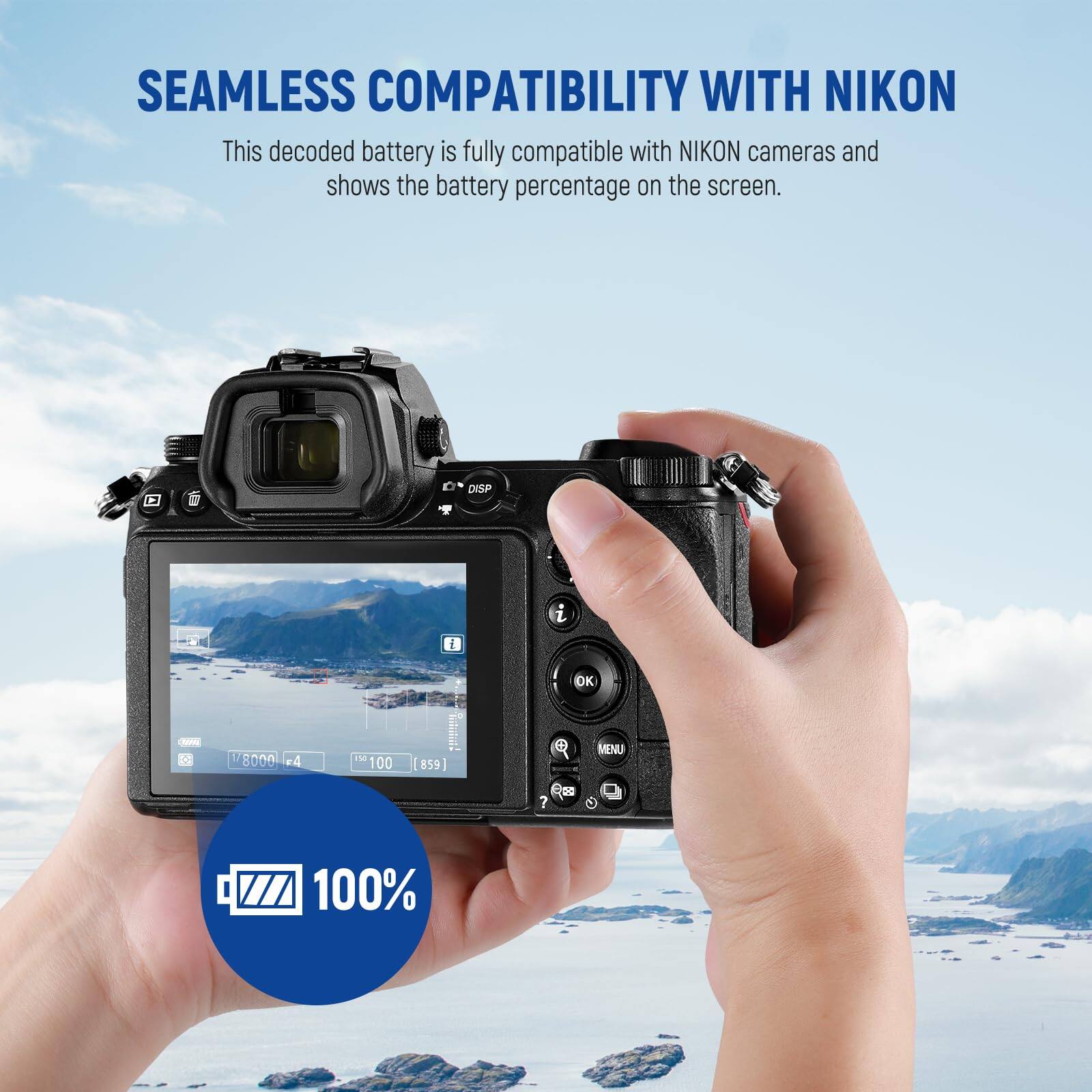 SEAMLESS COMPATIBILITY WITH NIKON

This decoded battery is fully compatible with NIKON cameras and shows the battery percentage on the screen.