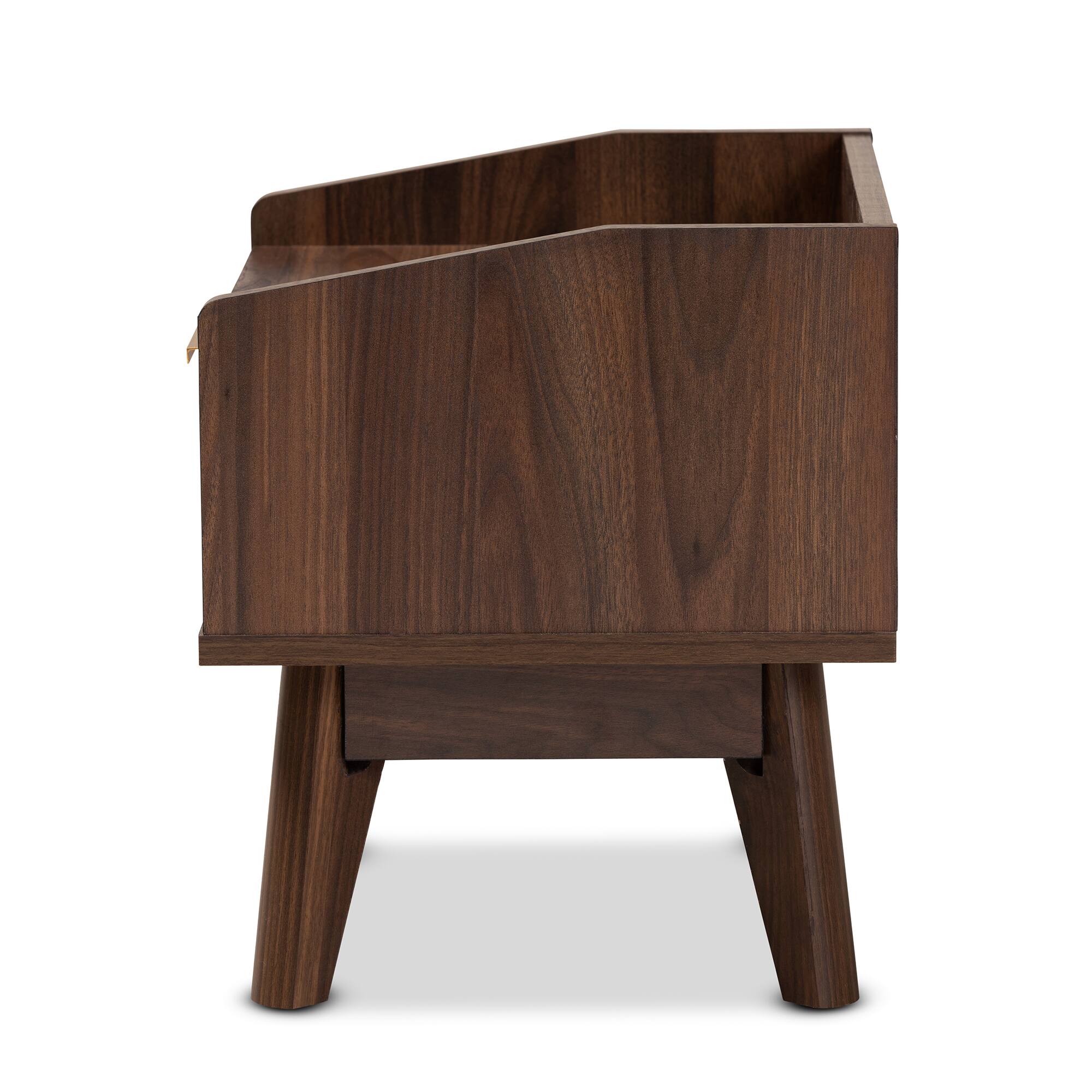 Back. Baxton Studio - Lena Mid-Century Modern Finished 1-Drawer Wood Nightstand - Walnut.