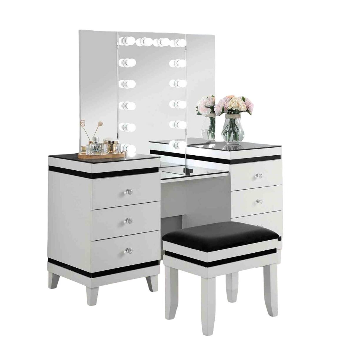 Angle. Loheer - Loheer Makeup Vanity Set with Stool, Tri-Fold Mirror and Fourteen Bulbs, Black and White - Black and White.
