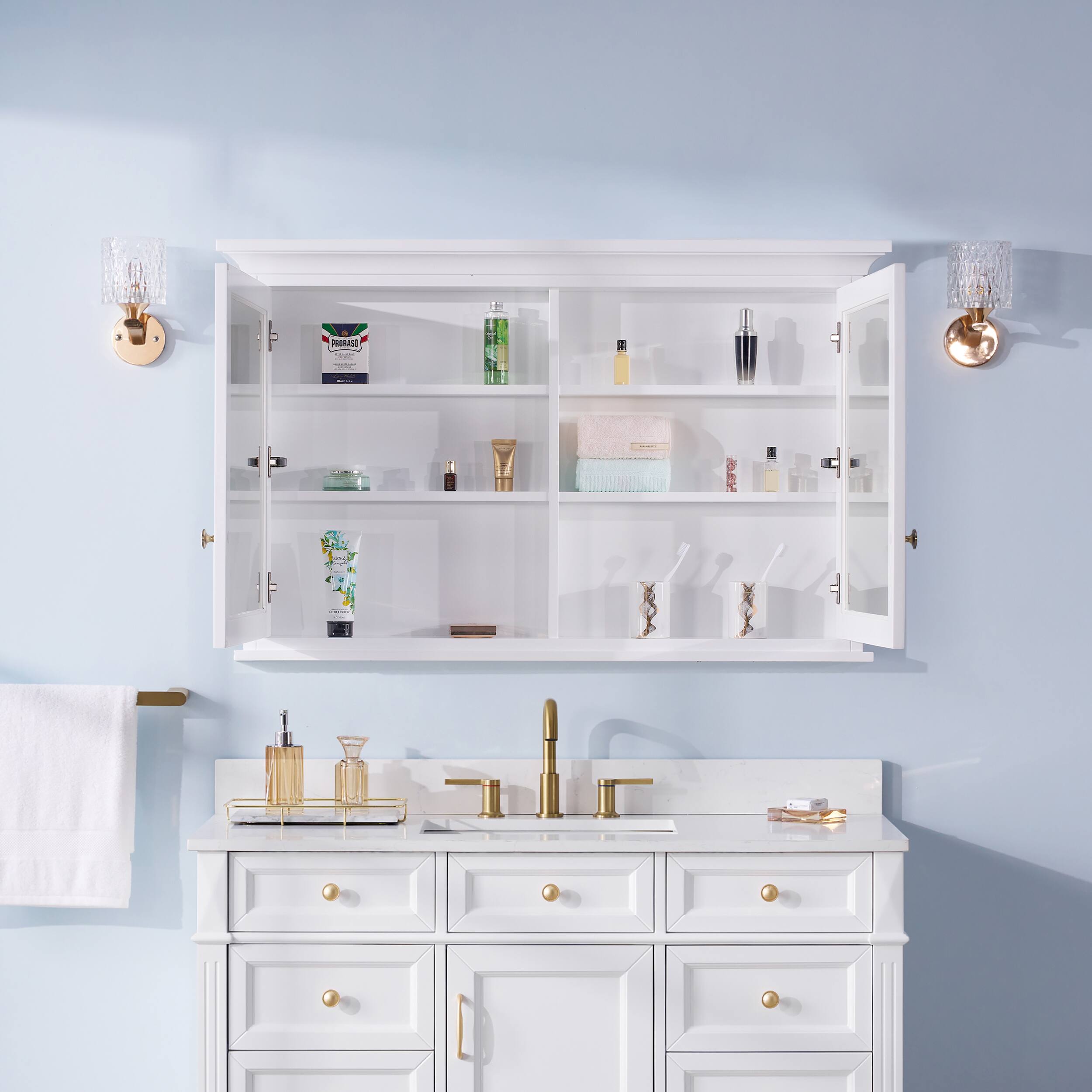 Angle. WELLFOR - 48 in. W x 30 in. H Rectangular Solid Wood Medicine Cabinet with Mirror with Double Door - White.