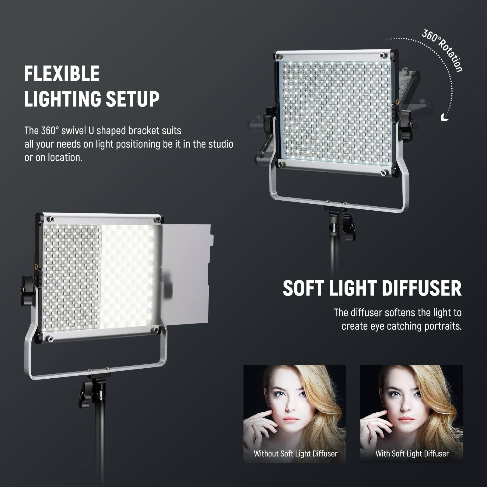 FLEXIBLE LIGHTING SETUP  
The 360° swivel U-shaped bracket suits all your needs on light positioning, be it in the studio or on location.  

SOFT LIGHT DIFFUSER  
The diffuser softens the light to create eye-catching portraits.  

Without Soft Light Diffuser  
With Soft Light Diffuser