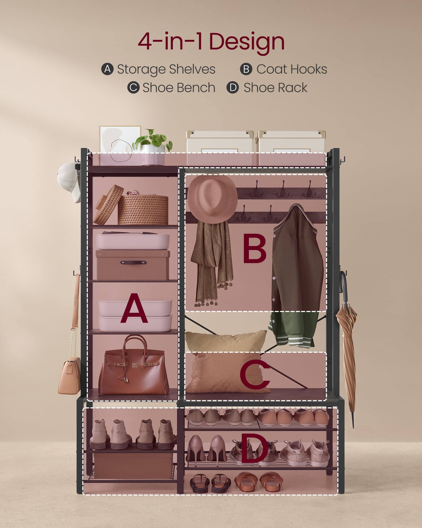 4-in-1 Design

A. Storage Shelves  
B. Coat Hooks  
C. Shoe Bench  
D. Shoe Rack