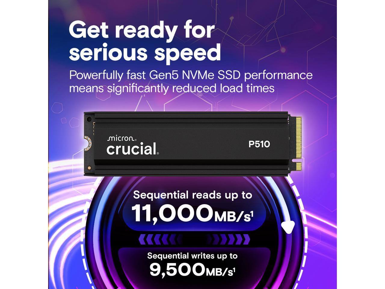 Get ready for serious speed

Powerfully fast Gen5 NVMe SSD performance means significantly reduced load times

Sequential reads up to 11,000MB/s¹

Sequential writes up to 9,500MB/s¹