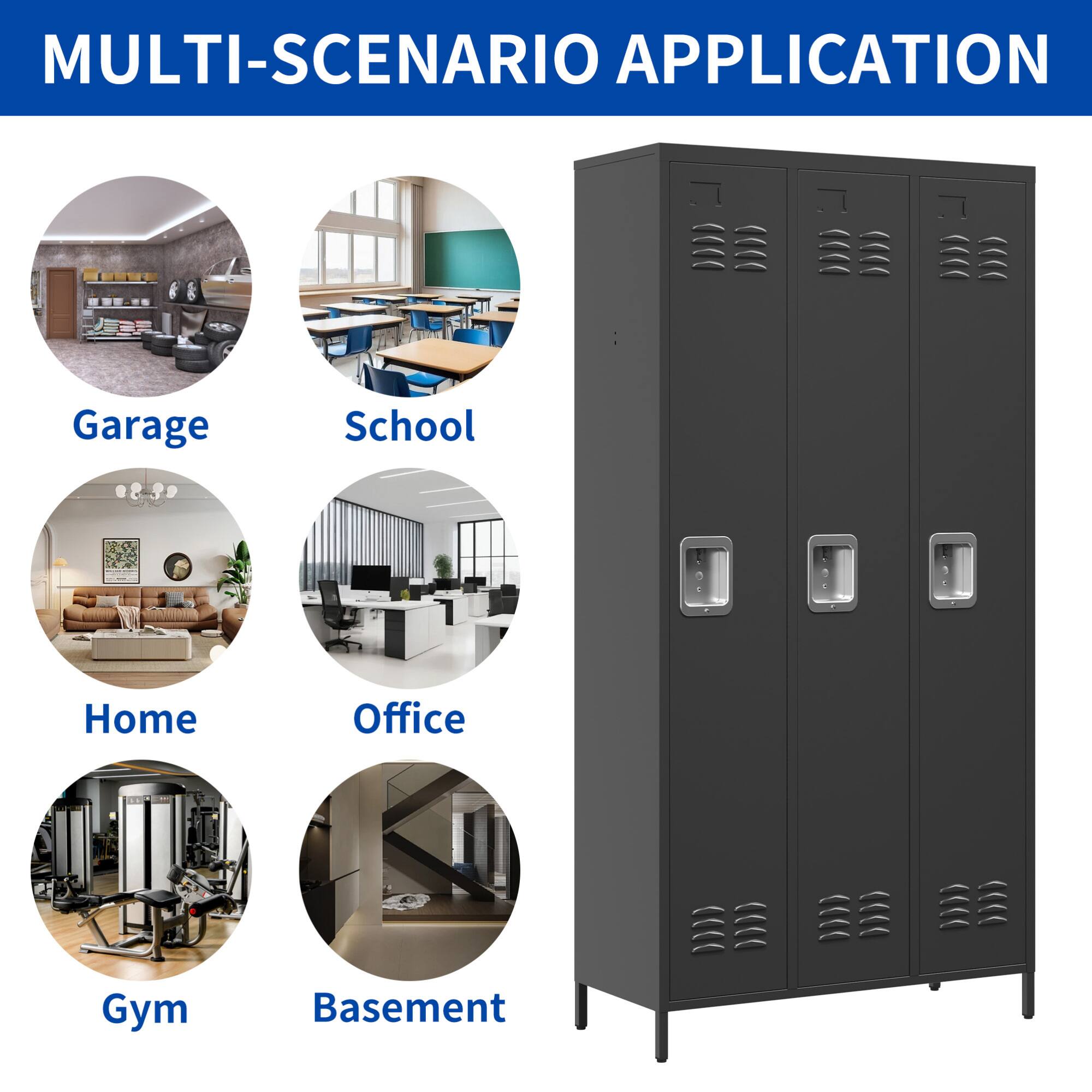 Alt View 1. GOODSILO - Three-Door Steel Storage Locker Cabinet for Secure Organization in Home Gym Office or Garage - Black.