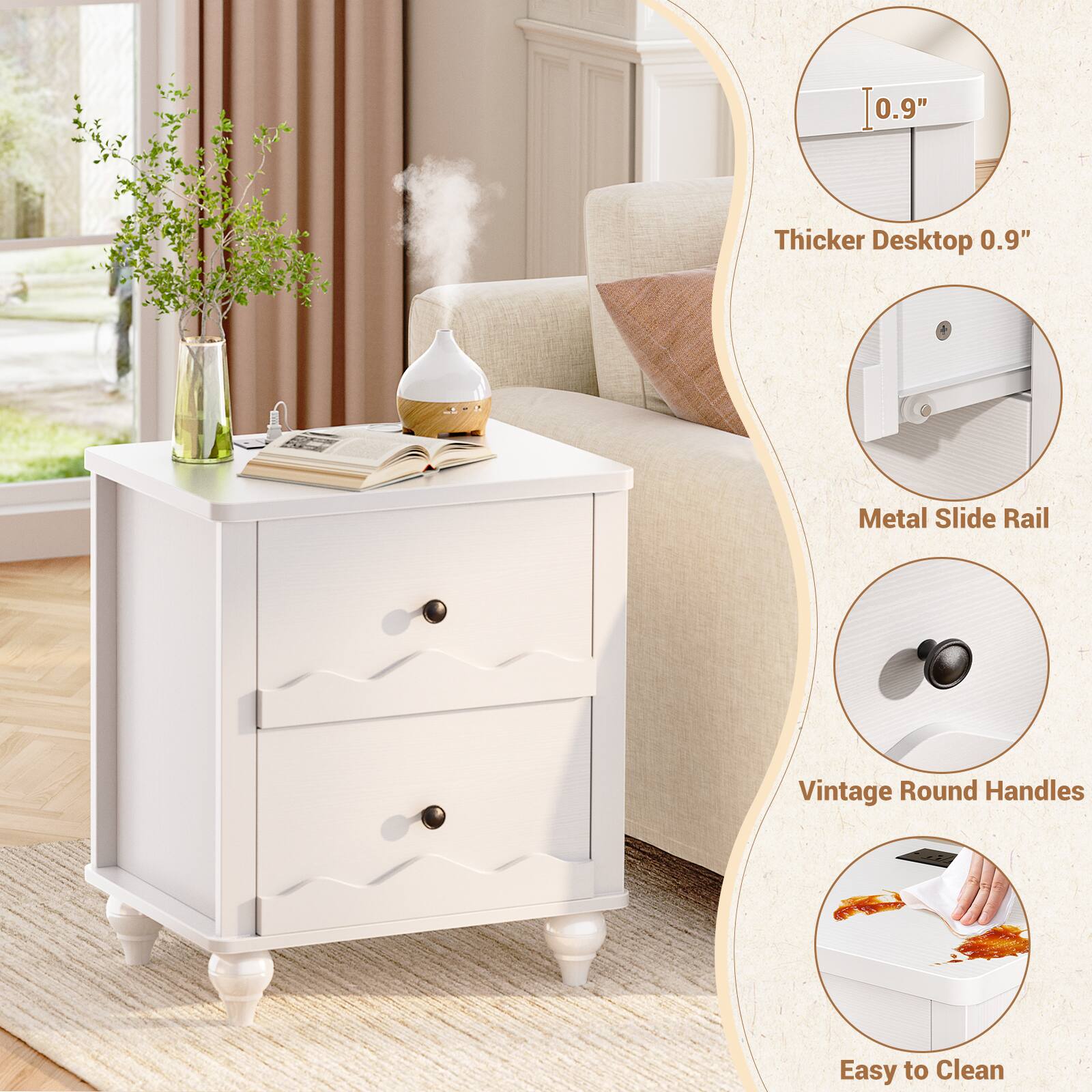 0.9" Thicker Desktop  
0.9" Metal Slide Rail  
Vintage Round Handles  
Easy to Clean