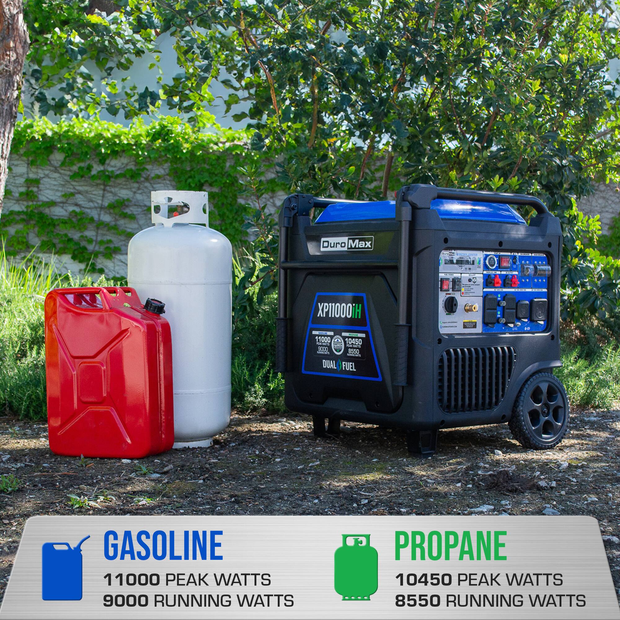 Duro Max C XP11000iH  
11000 Peak Watts  
9000 Running Watts  
10450 Peak Watts  
8550 Running Watts  
Dual Fuel Gasoline