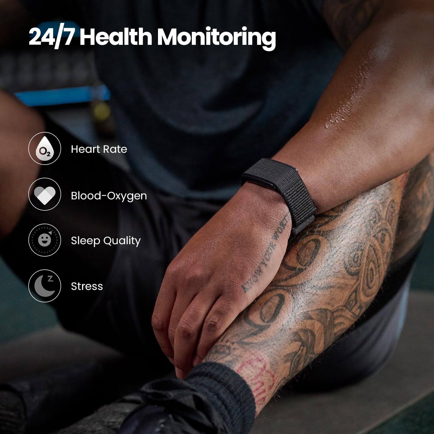 24/7 Health Monitoring  
Heart Rate  
Blood-Oxygen  
Sleep Quality  
Stress