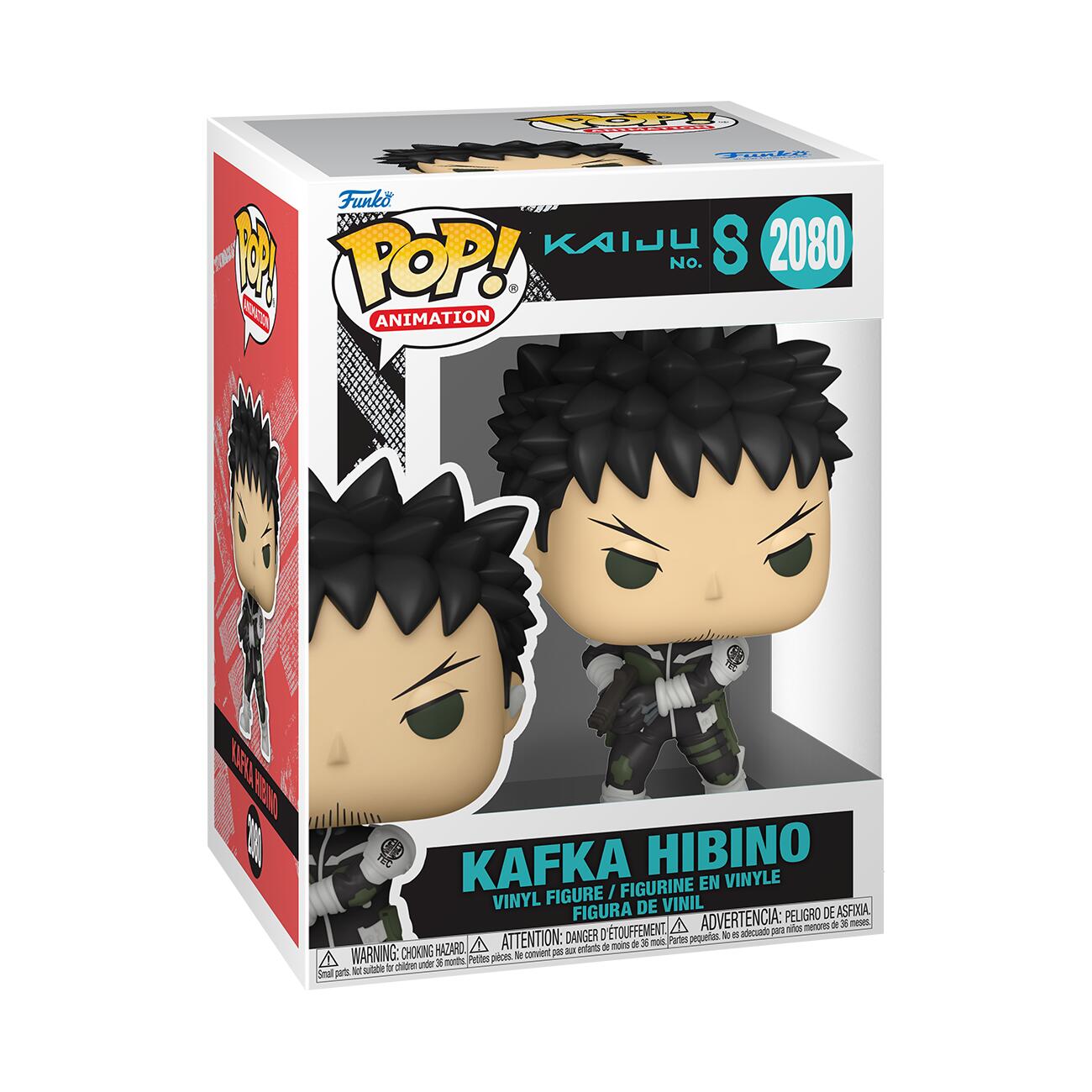 Sure, here is the corrected and grouped text from the image:

---

**Top Left Corner:**
- Funko
- POP! ANIMATION

**Top Right Corner:**
- KAIJU S 2080
- No.

**Main Text:**
- KAFKA HIBINO
- VINYL FIGURE / FIGURINE EN VINYLE / FIGURA DE VINIL

**Warnings:**
- WARNING: CHOKING HAZARD. Small parts. Not for children under 3 years.
- ATTENTION: PELIGRO DE AHOGAMIENTO. Pequeñas piezas. No es adecuado para menores de 3 años.
- ADVERTENCIA: PELIGRO DE ASFIXIA. Pequeñas piezas. No es adecuado para menores de 3 años.

**Bottom Left Corner:**
- Funko

**Bottom Right Corner:**
- Funko

---