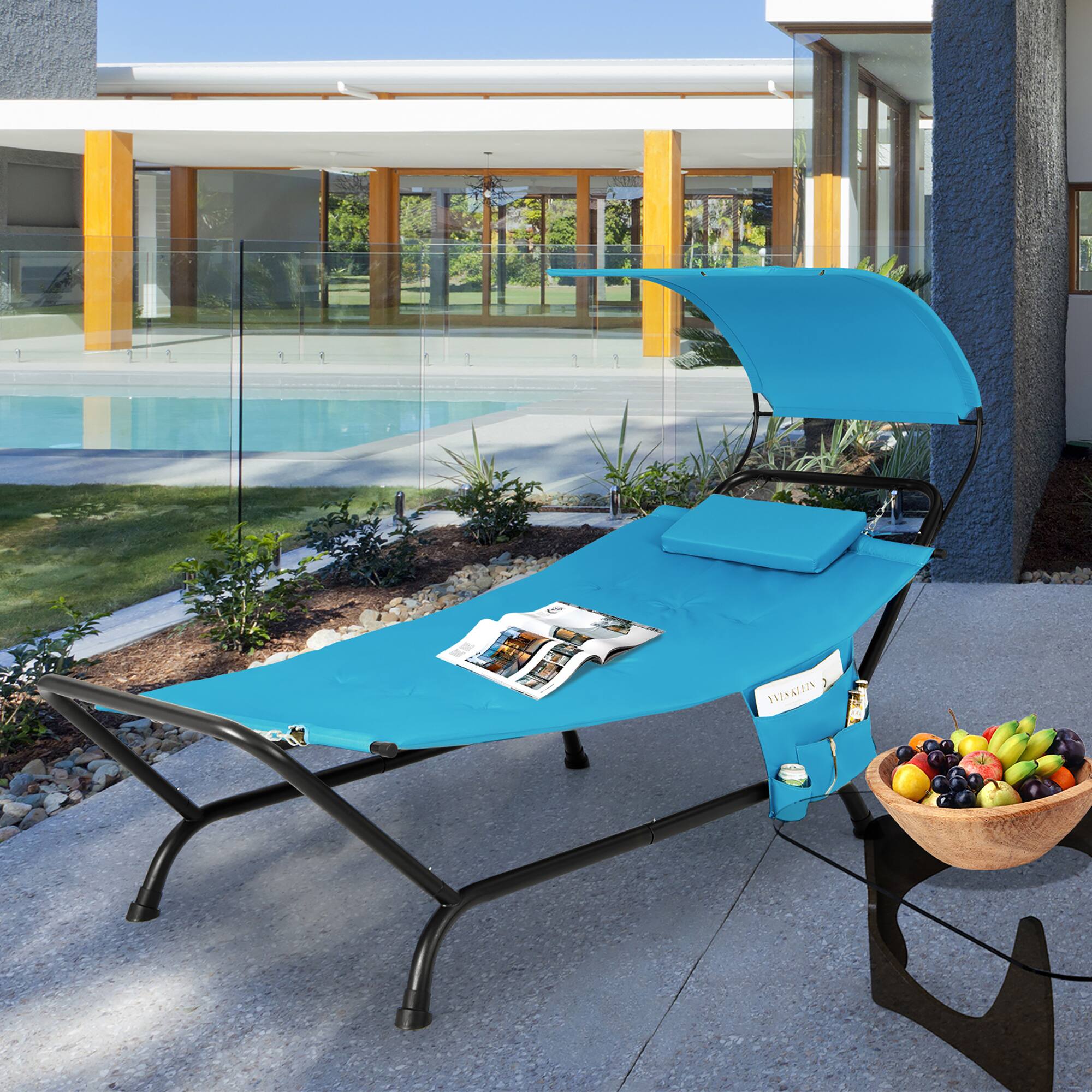 Alt View 4. Gymax - Gymax Chaise Lounge Bed w/ Detachable Sunshade Canopy Hammock w/ Rustproof Metal Stand Blue - Blue.