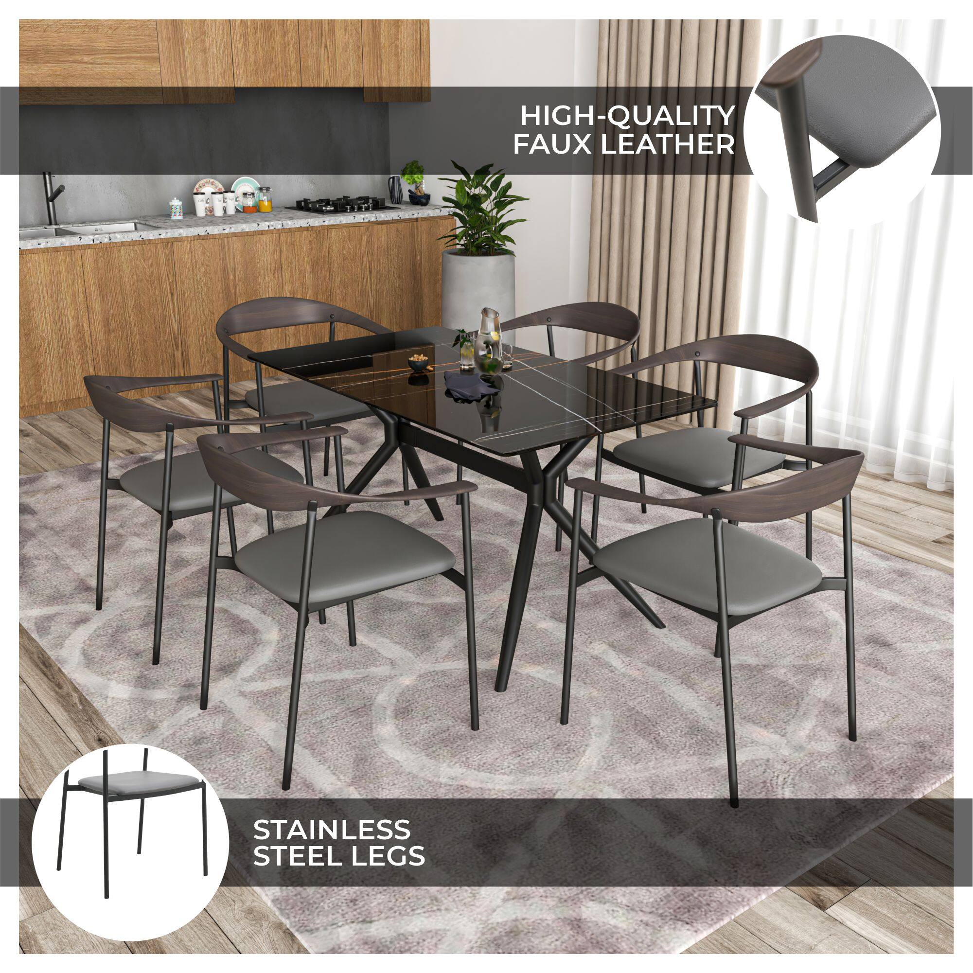 HIGH-QUALITY FAUX LEATHER  
STAINLESS STEEL LEGS