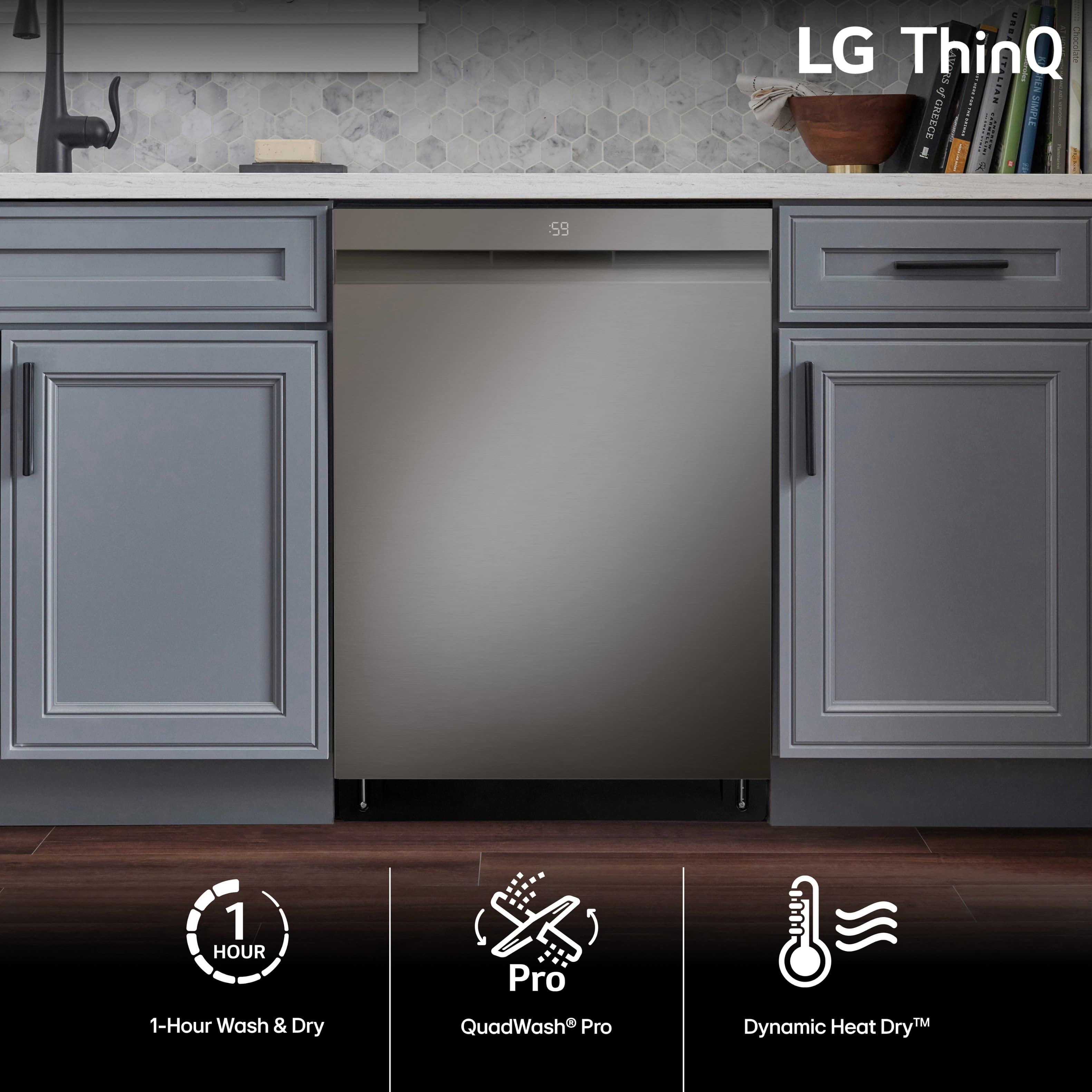 LG ThinQ is advertised as a modern kitchen appliance with a stainless steel finish. The image showcases a stainless steel refrigerator and dishwasher, along with a sink. The appliance is described as having a 1-hour wash and dry feature, which is a notable feature for those looking for a quick and efficient cleaning solution.