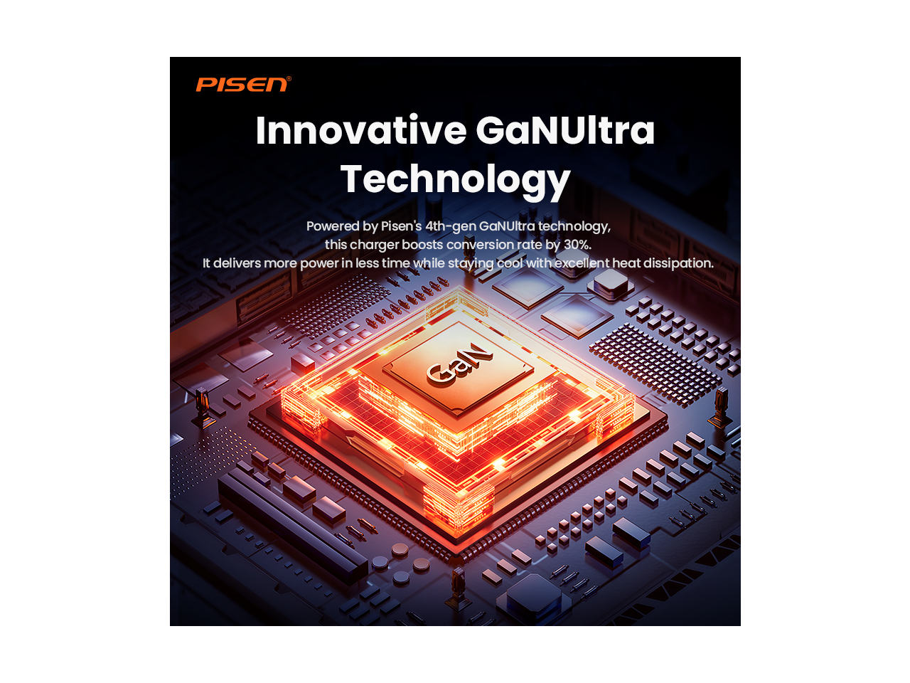 PISEN Innovative GaNUltra Technology

Powered by Pisen's 4th-gen GaNUltra technology, this charger boosts conversion rate by 30%. It delivers more power in less time while staying cool with excellent heat dissipation.