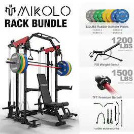 Mikolo - Smith Machine, 2000LBS Power Cage Squat Rack with Smith Bar, Two LAT Pull-Down Systems, and More Cable Attachment - Black