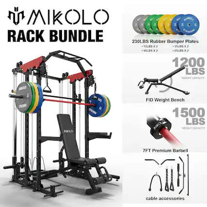 MIKOLC RACK BUNDLE
230LBS Rubber Bumper Plates
- 10LBS x 2
- 35LBS x 2
- 45LBS x 2
- 25LBS x 2
1200 LBS WEIGHT CAPACITY
FID Weight Bench
1500 LBS WEIGHT CAPACITY
7FT Premium Barbell
cable accessories