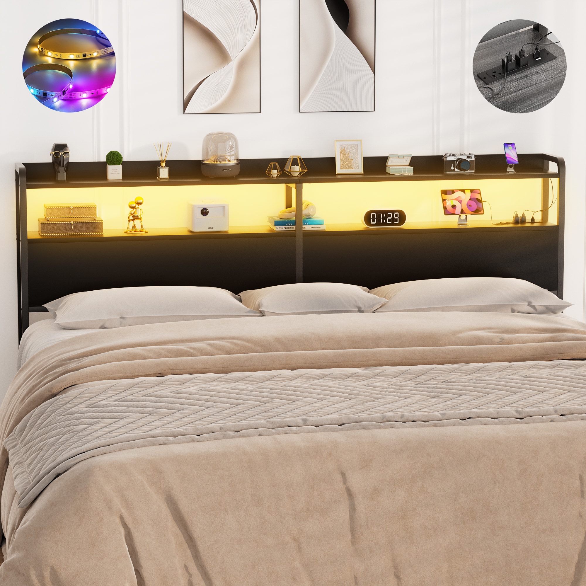Aheaplus - King Headboard Only, Headboard with Power Outlets and LED Lights for King Size Bed, Easy Assembly - Black