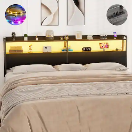 Front. Aheaplus - King Headboard Only, Headboard with Power Outlets and LED Lights for King Size Bed, Easy Assembly - Black.