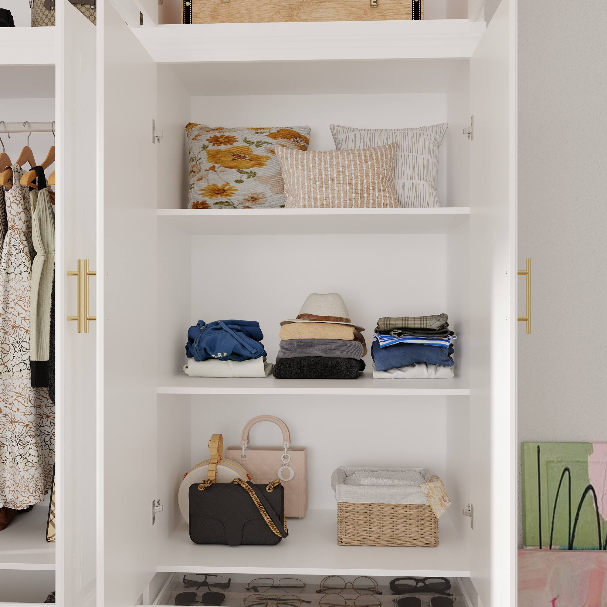 Alt View 6. FUFU & GAGA - FUFU&GAGA 4 - Door Wardrobe: Elegant Storage with Gold Accents & Smooth Drawers - White.