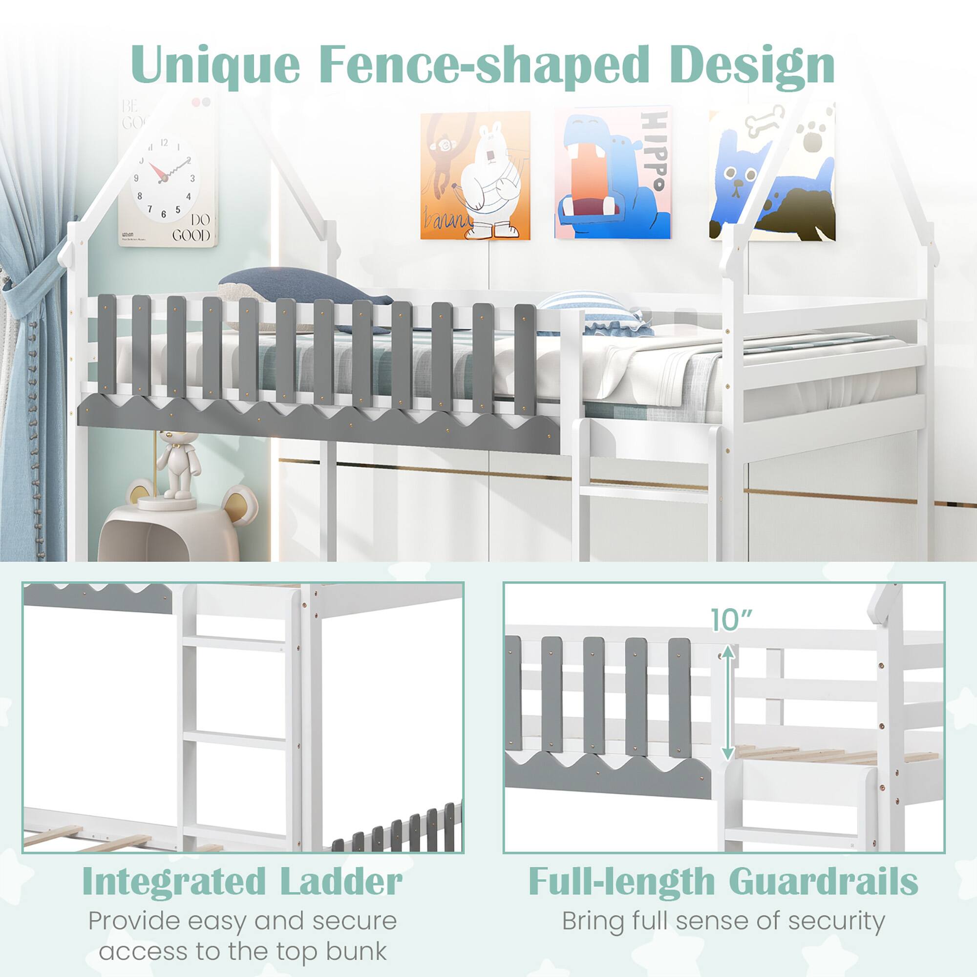 Unique Fence-shaped Design, Integrated Ladder, Full-length Guardrails