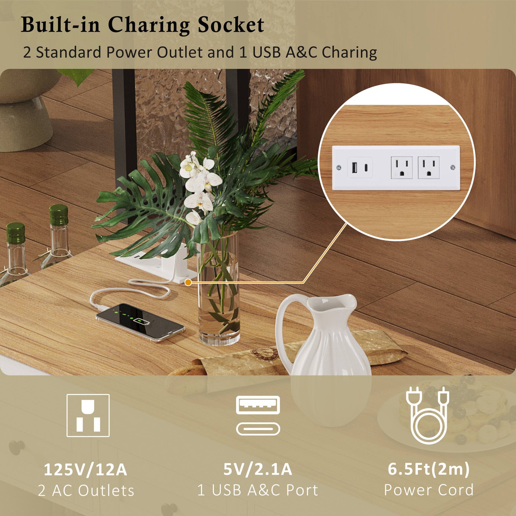 Built-in Charging Socket  
2 Standard Power Outlet and 1 USB A&C Charging  

125V/12A 2 AC Outlets  
5V/2.1A 1 USB A&C Port  
6.5Ft(2m) Power Cord