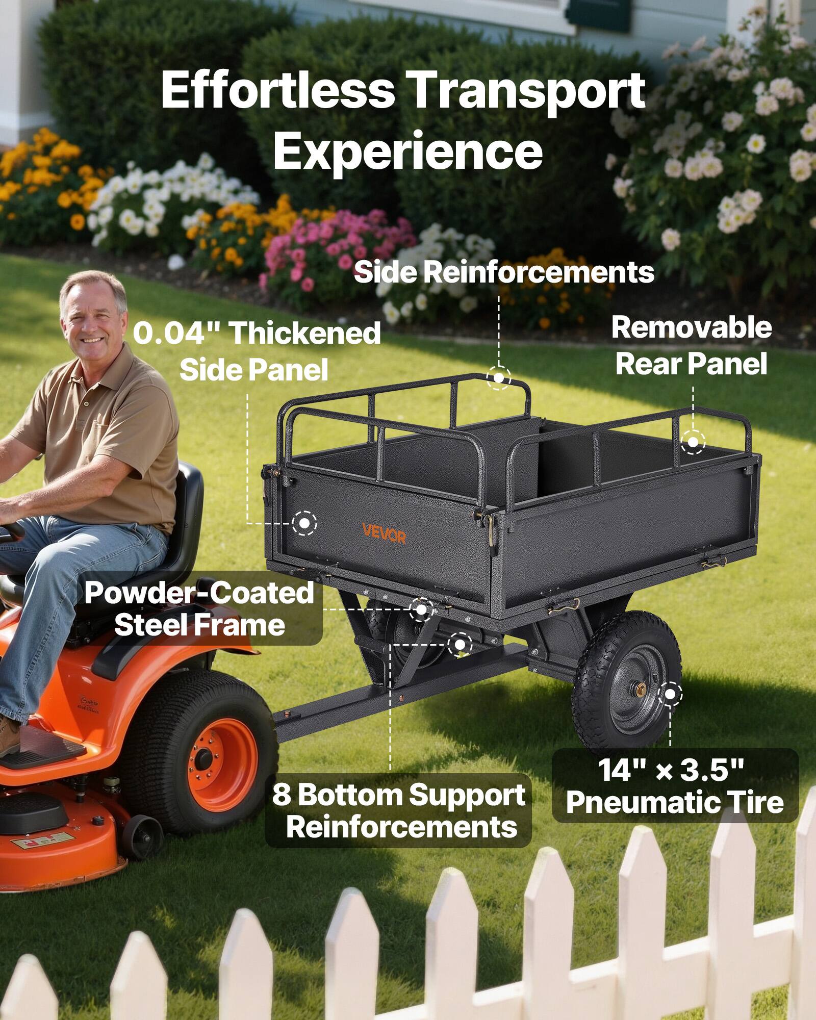 Effortless Transport Experience

- Side Reinforcements
- 0.04" Thickened Side Panel
- Removable Rear Panel
- Powder-Coated Steel Frame
- 8 Bottom Support Reinforcements
- 14" x 3.5" Pneumatic Tire