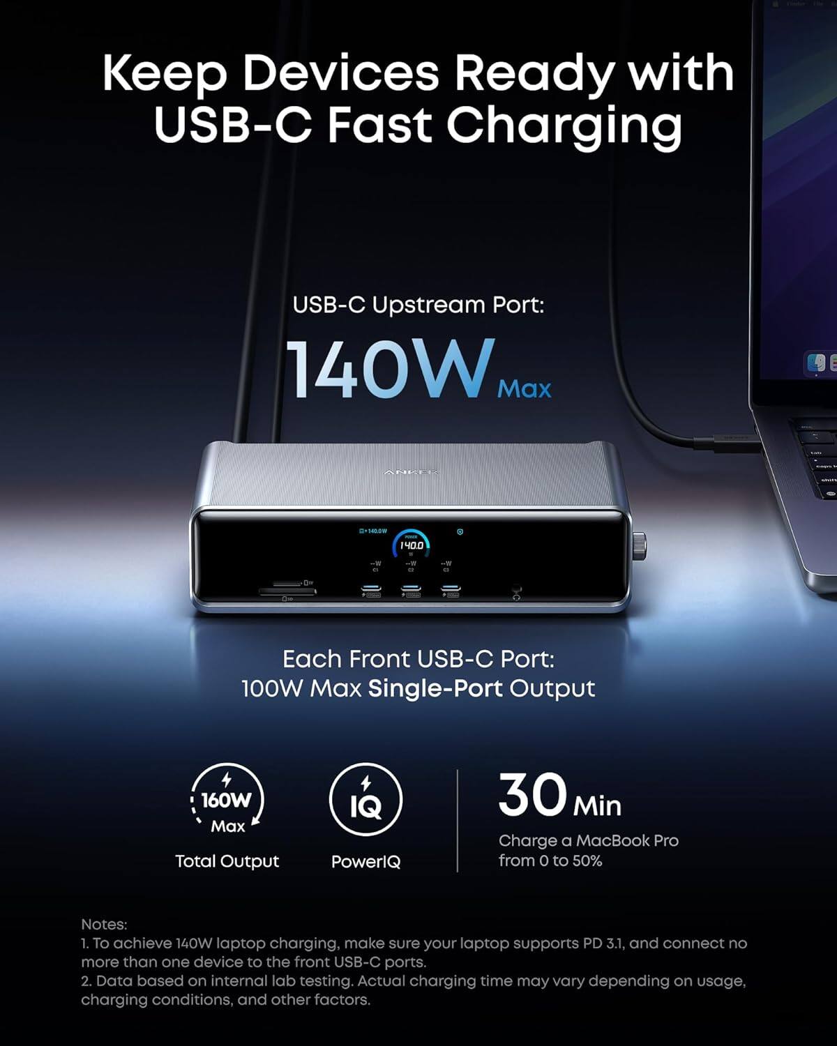 Keep Devices Ready with USB-C Fast Charging

USB-C Upstream Port: 140W Max

Each Front USB-C Port: 100W Max Single-Port Output

Total Output: 160W Max

PowerIQ

30 Min Charge a MacBook Pro from 0 to 50%

Notes:
1. To achieve 140W laptop charging, make sure your laptop supports PD 3.1, and connect no more than one device to the front USB-C ports.
2. Data based on internal lab testing. Actual charging time may vary depending on usage, charging conditions, and other factors.
