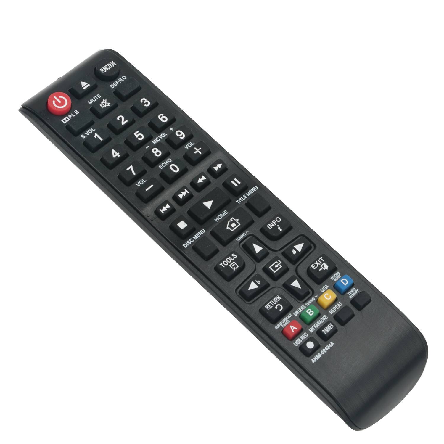 FUNCTION DSP/EQ MUTE 3 DPLI 2 6 + S.VOL 1 5 MICVOL 9 - VOL 4 8 + ECHO 0 7 VOL 44 I - D TITLEMENU K4 HOME INFO i MENU TUNNG DISC # TOOLS C EXIT b 1 D QIGA C MEWORY RETURN TUNNE~ C SNLEVEL REPEAT FORdS A MY MY KARAOKE DIMMER REC USB AH80-02424A