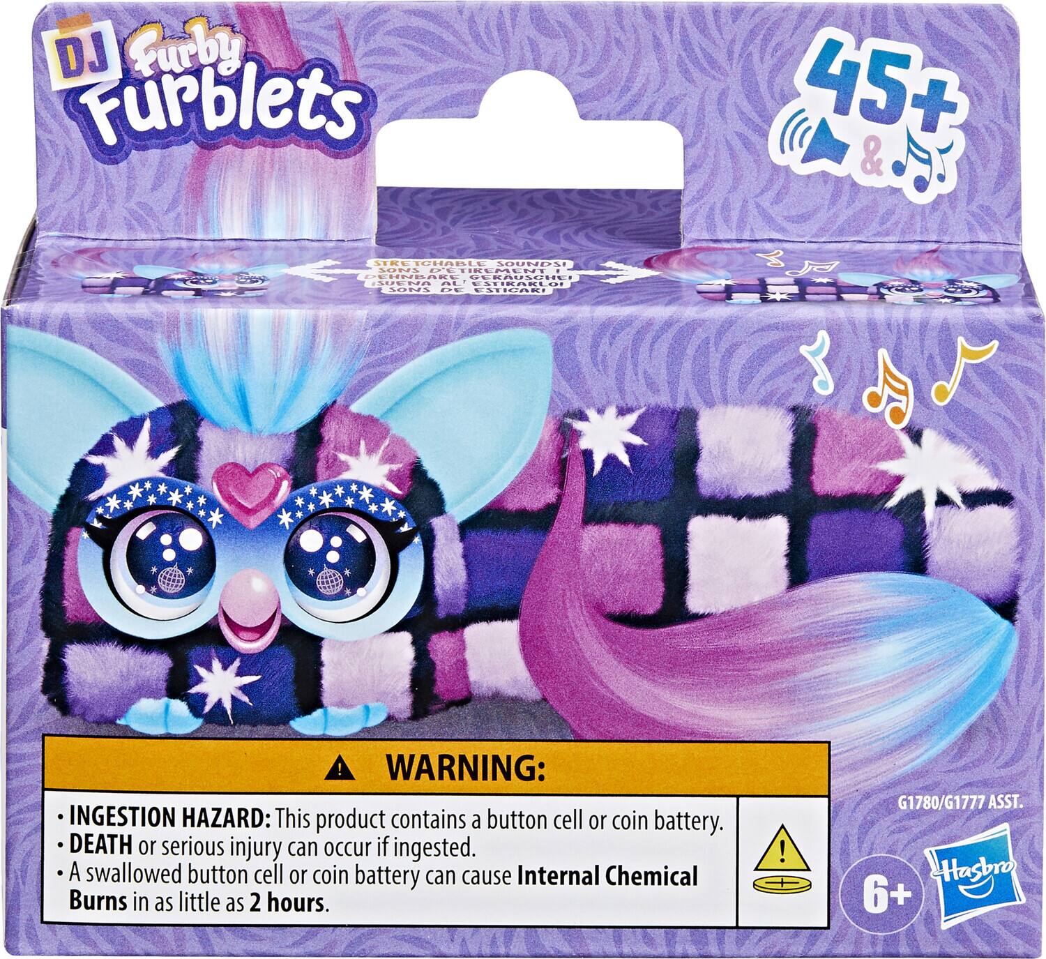 DJ Furblets 45+ & STRL TULADLV AROUNDNE ON PETREMENT. Eittzn ARE VERAUAUNS IAUENA AL EATRARt LAUNS DE ALCART! WARNING: INGESTION HAZARD: This product contains a button cell or coin battery. DEATH or serious injury can occur if ingested. A swallowed button cell or coin battery can cause Internal Chemical Burns in as little as 2 hours. G1780/G1777 ASST. 6+ Hasbro