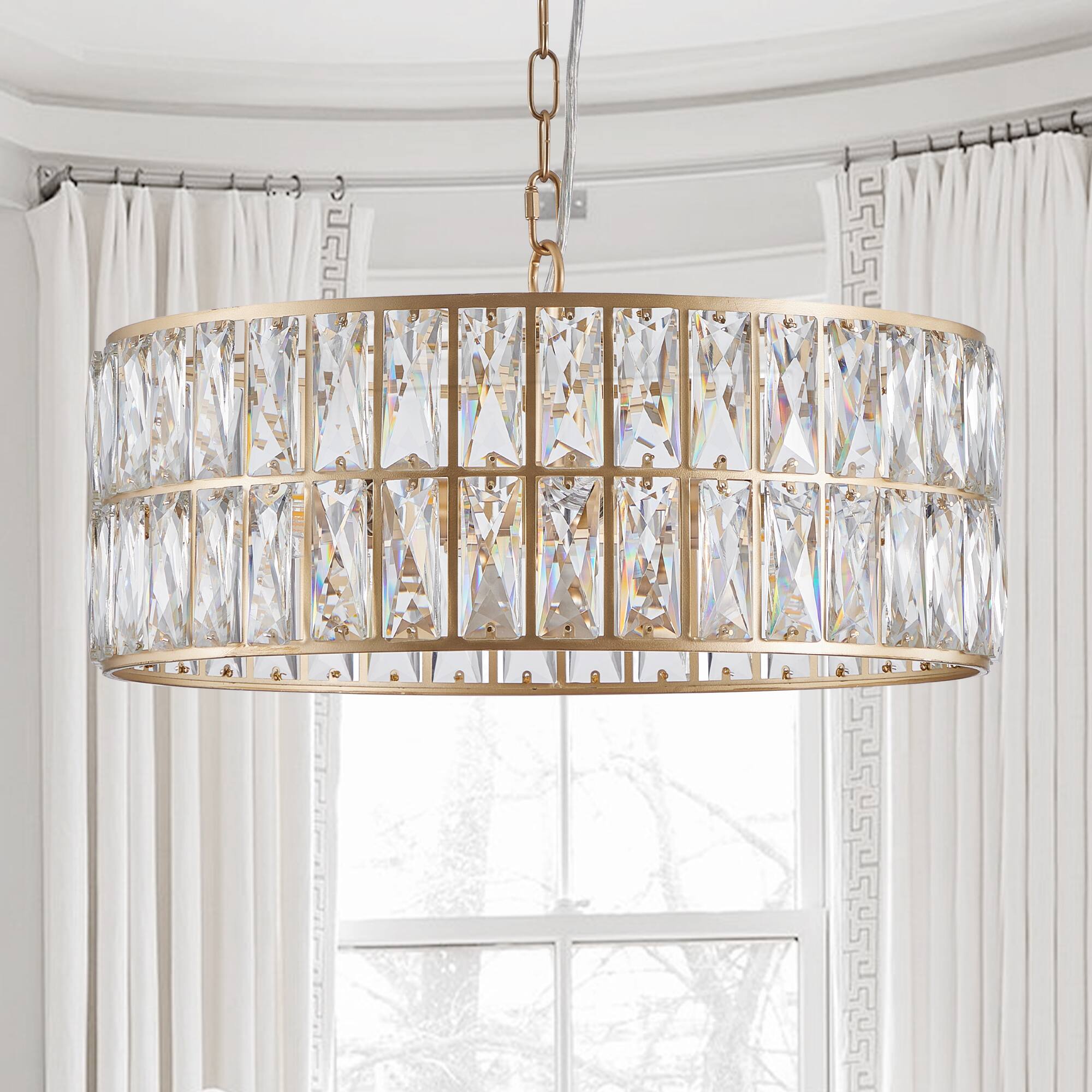Front. Tiramisubest - 18" Golden Modern Crystal Drum Chandelier, 6-Light Pendant Lighting Fixture with Metal Frame (No Bulbs) - Gold.