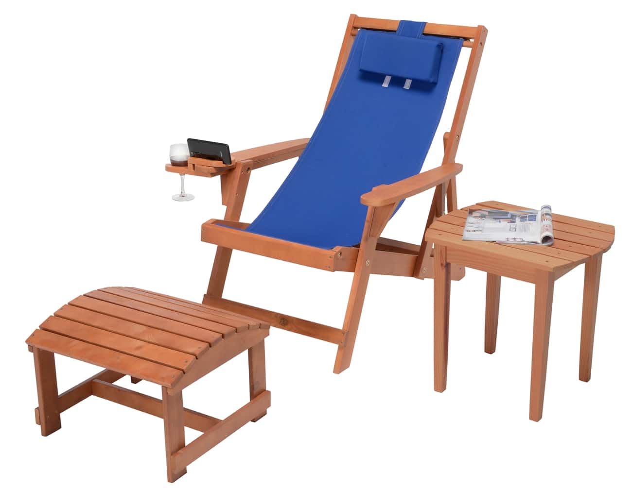 Jiallo - Romantic Collection Canvas Sling Chair with Cup and Wine Holder and Ottoman (Set of 3) - Walnut color with blue fabric price history on PriceWatchPro