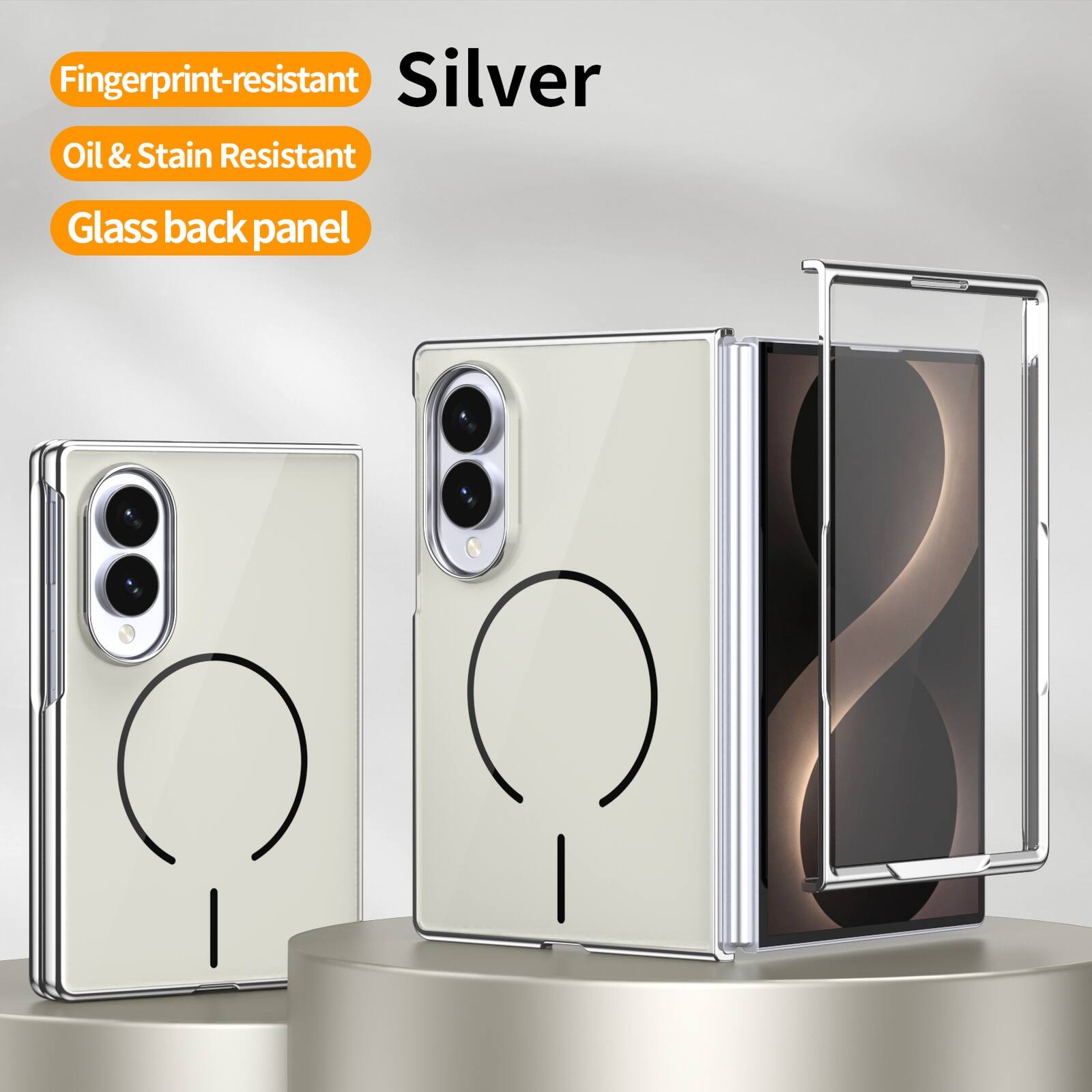 Fingerprint-resistant Silver Oil & Stain Resistant Glass back panel
