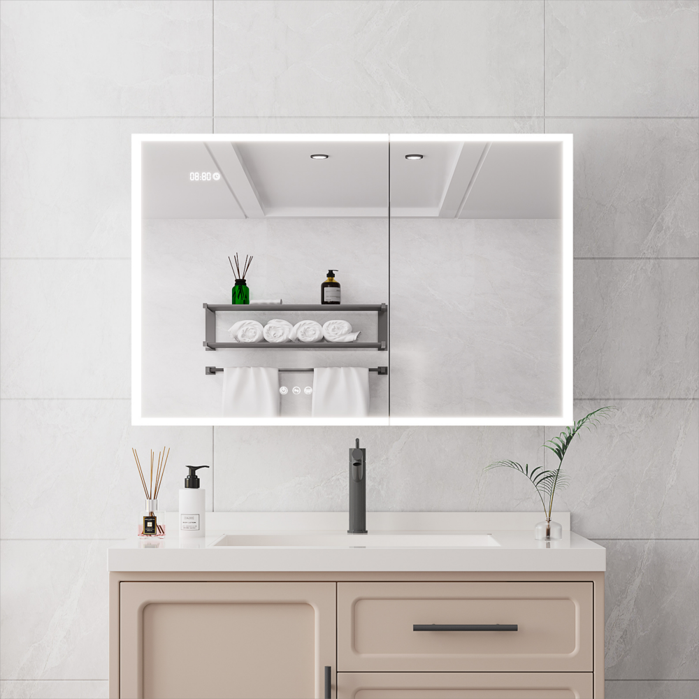 Boyel Living - Bathroom Medicine Cabinet with LED Mirror Lights 36x24 Inch Double Door with Defogger - Silver